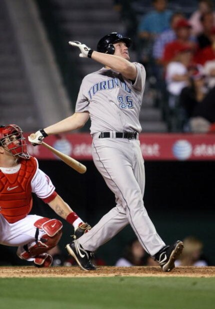 ANAHEIM, CA - MAY 6:  Lyle Overbay #35 of the Toronto Blue Jays hits a three-run home run in th eighth inning against the Los Angeles Angels of Anaheim at Angel Stadium May 6, 2009 in Anaheim, California.  (Photo by Stephen Dunn/Getty Images)