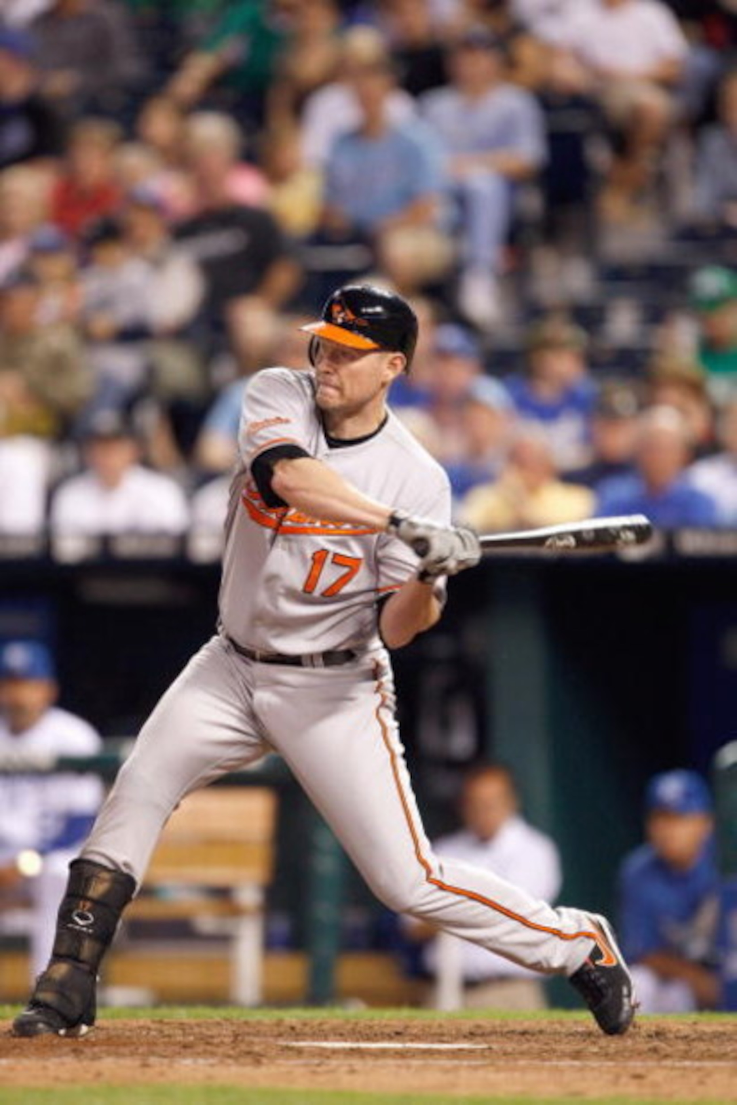 KANSAS CITY - MAY 14:  Aubrey Huff #17 of the Baltimore Orioles swings at the pitch against the Kansas City Royals on May 14, 2009 at Kauffman Stadium in Kansas City, Missouri. (Photo by: Jamie Squire/Getty Images)