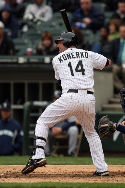 CHICAGO - APRIL 29:  Paul Konerko #14 of the Chicago White Sox bats against the Seattle Mariners during the game on April 29, 2009 at U.S. Cellular Field in Chicago, Illinois. (Photo by Jonathan Daniel/Getty Images) 