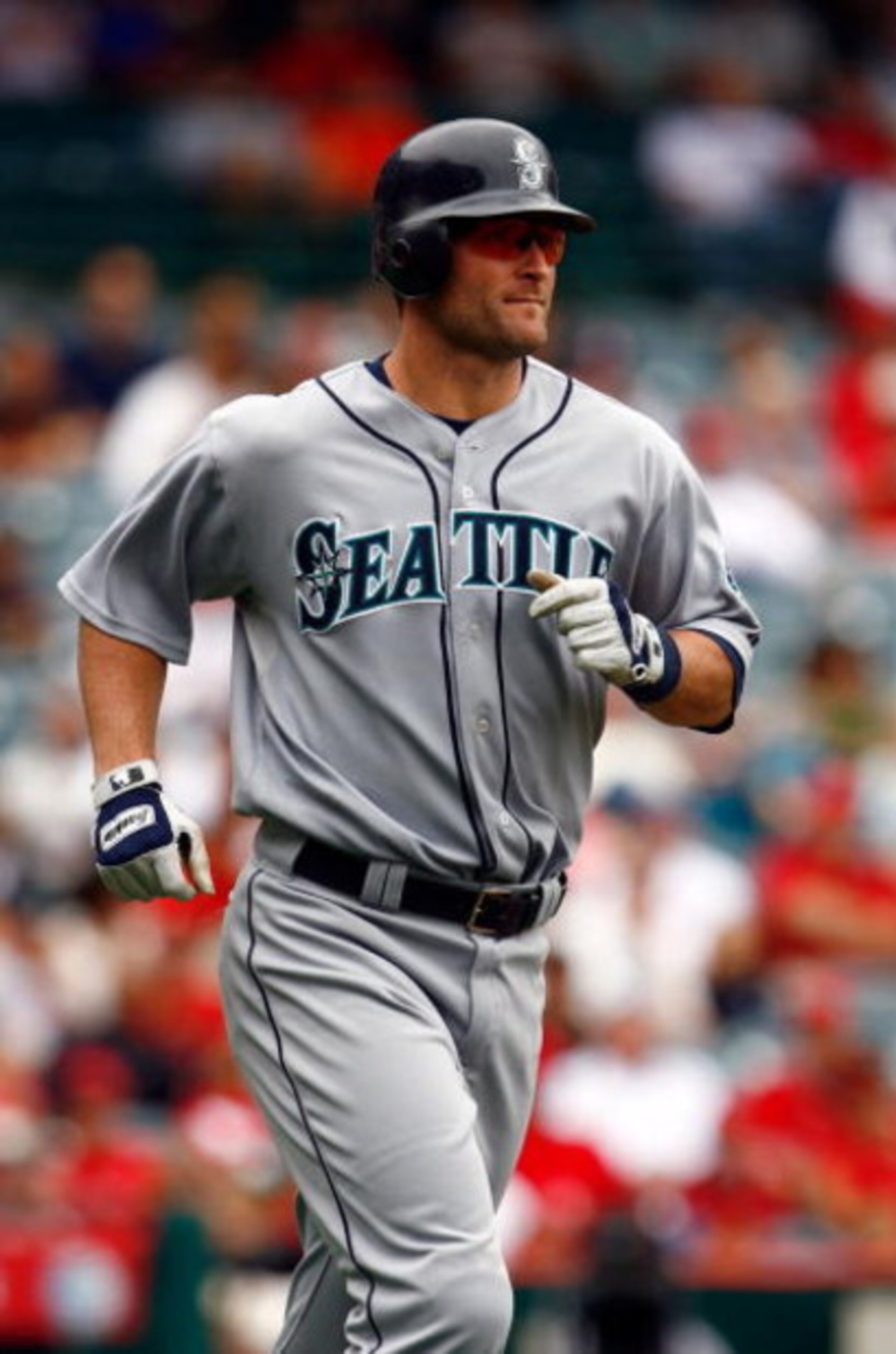 ANAHEIM, CA - MAY 31:  Russell Branyan #30 of the Seattle Mariners runs to first base against the Los Angeles Angels of Anaheim at Angel Stadium on May 31, 2009 in Anaheim, California.  (Photo by Jeff Gross/Getty Images)
