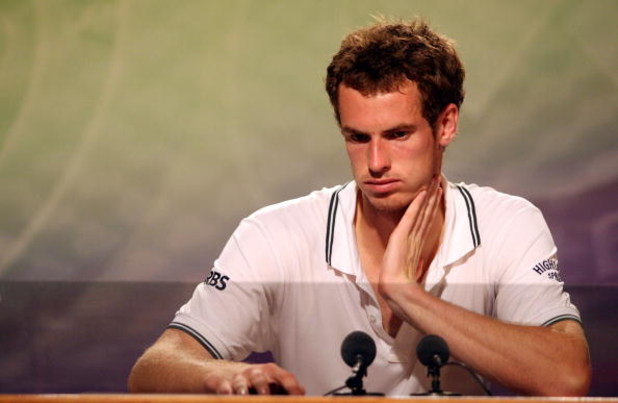WIMBLEDON, ENGLAND - JULY 03: Andy Murray of Great Britain looks despondent as he attends a press conference after defeat during the men's singles semi final match against Andy Roddick of USA on Day Eleven of the Wimbledon Lawn Tennis Championships at th WIMBLEDON, ENGLAND - JULY 03: Andy Murray of Great Britain looks despondent as he attends a press conference after defeat during the men's singles semi final match against Andy Roddick of USA on Day Eleven of the Wimbledon Lawn Tennis Championships at th