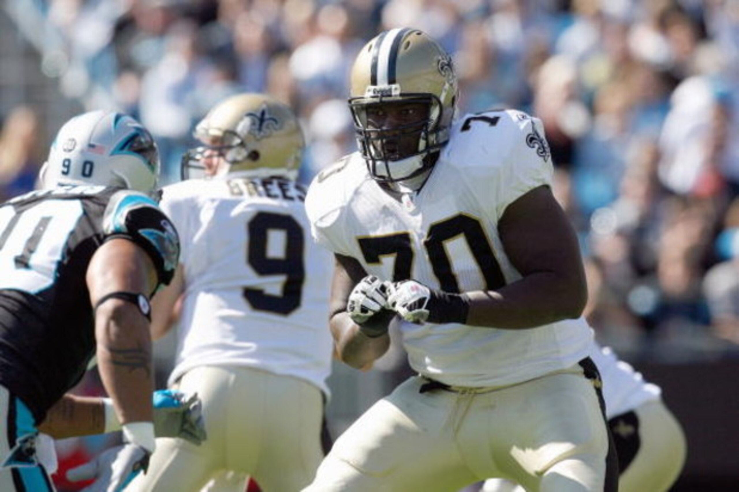 CHARLOTTE, NC - OCTOBER 19:  Jammal Brown #70 of the New Orleans Saints moves to block the line during the game against the Carolina Panthers at Bank of America Stadium on October 19, 2008 in Charlotte, North Carolina.  (Photo by Kevin C. Cox/Getty Images