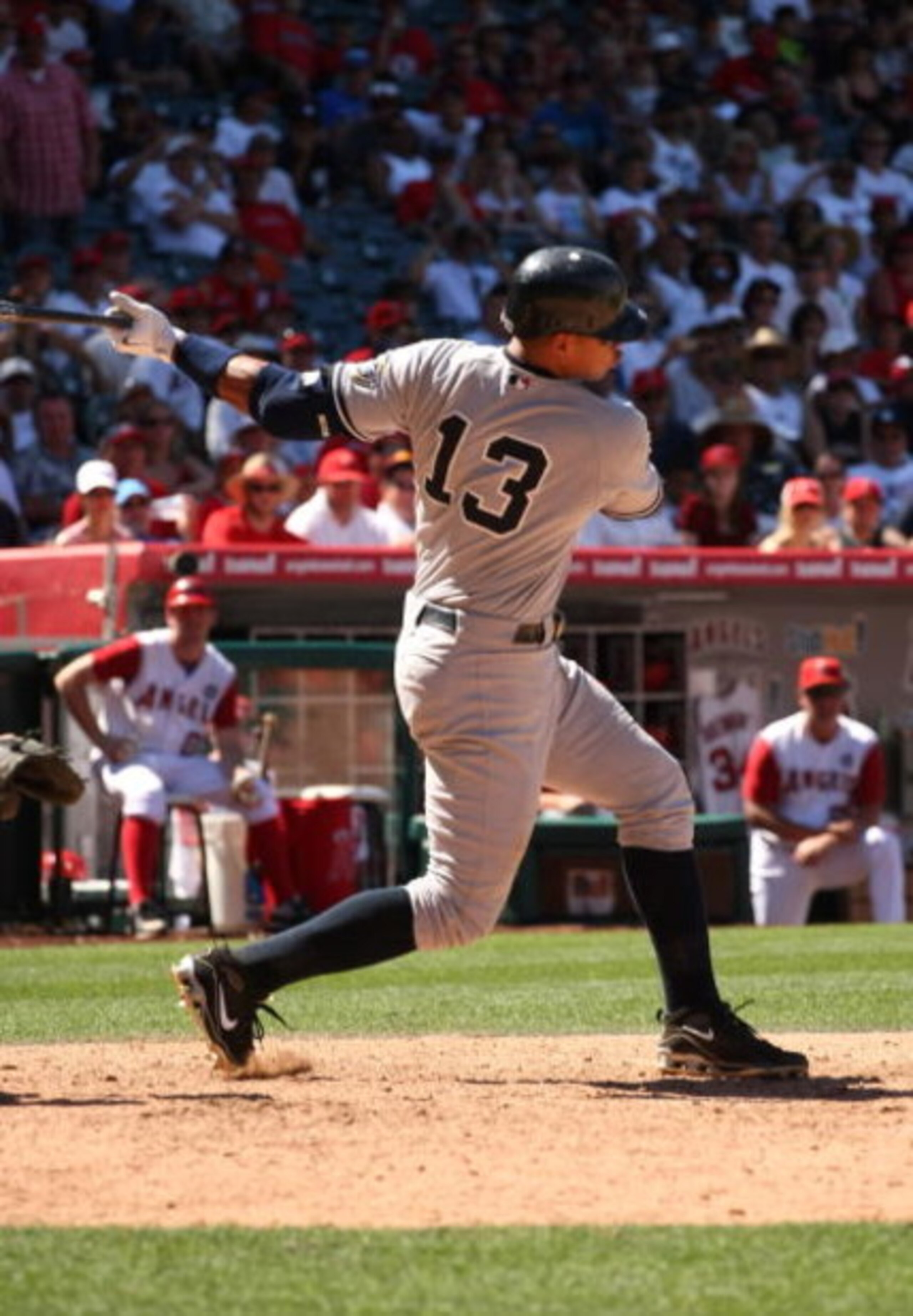 ANAHEIM, CA - JULY 12:  Alex Rodriguez #13 of the New York Yankees fouls off a pitch for strike two as he strikes out for the last out of the game against the Los Angeles Angels of Anaheim on July 12, 2009 at Angel Stadium in Anaheim, California.  The Ang