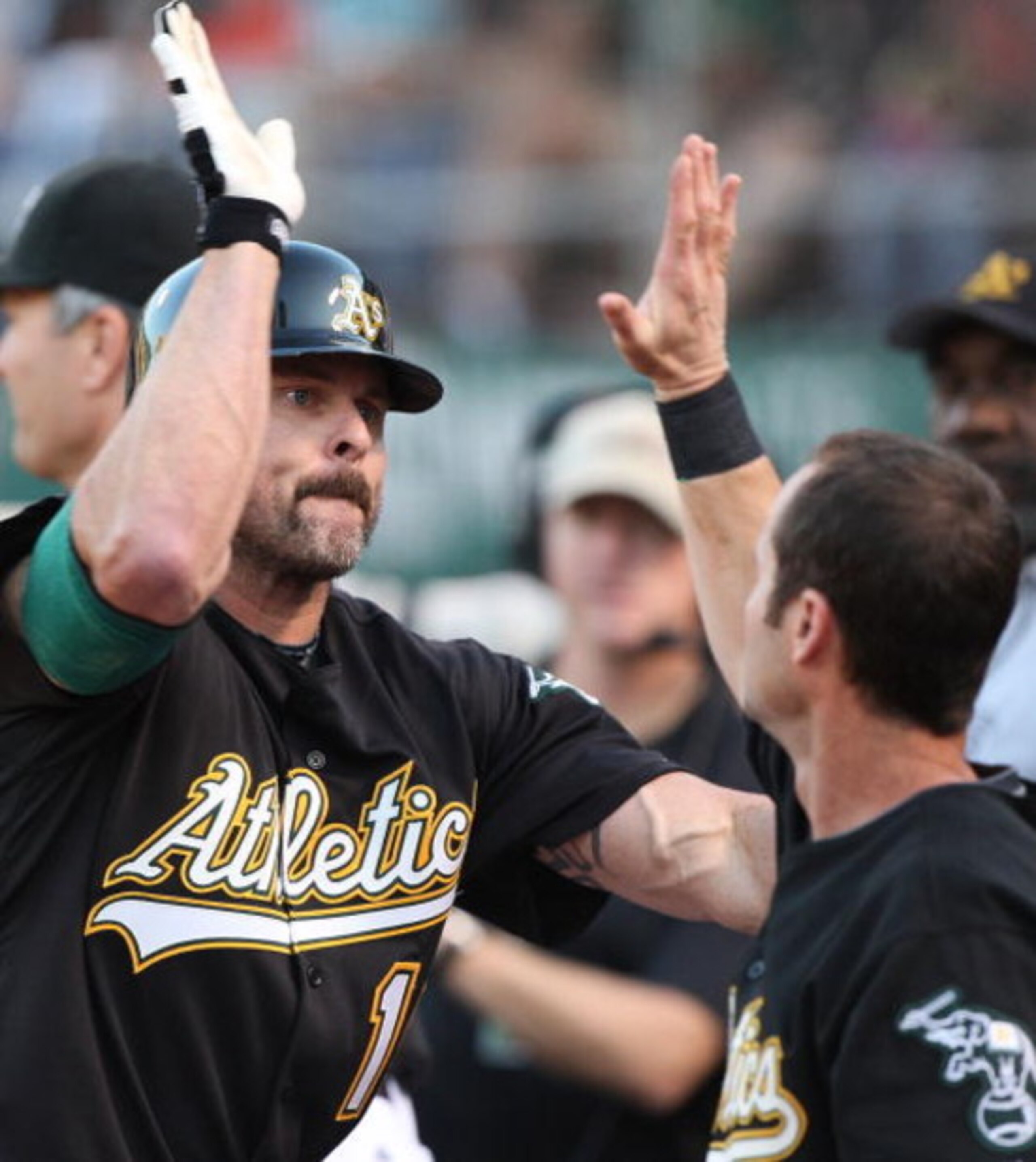 OAKLAND, CA - JUNE 23: Jason Giambi #16 of the Oakland Athletics is congratulated after hitting a home run against the San Francisco Giants during a Major League Baseball game on June 23, 2009 at the Oakland Coliseum in Oakland, California. (Photo by Jed 