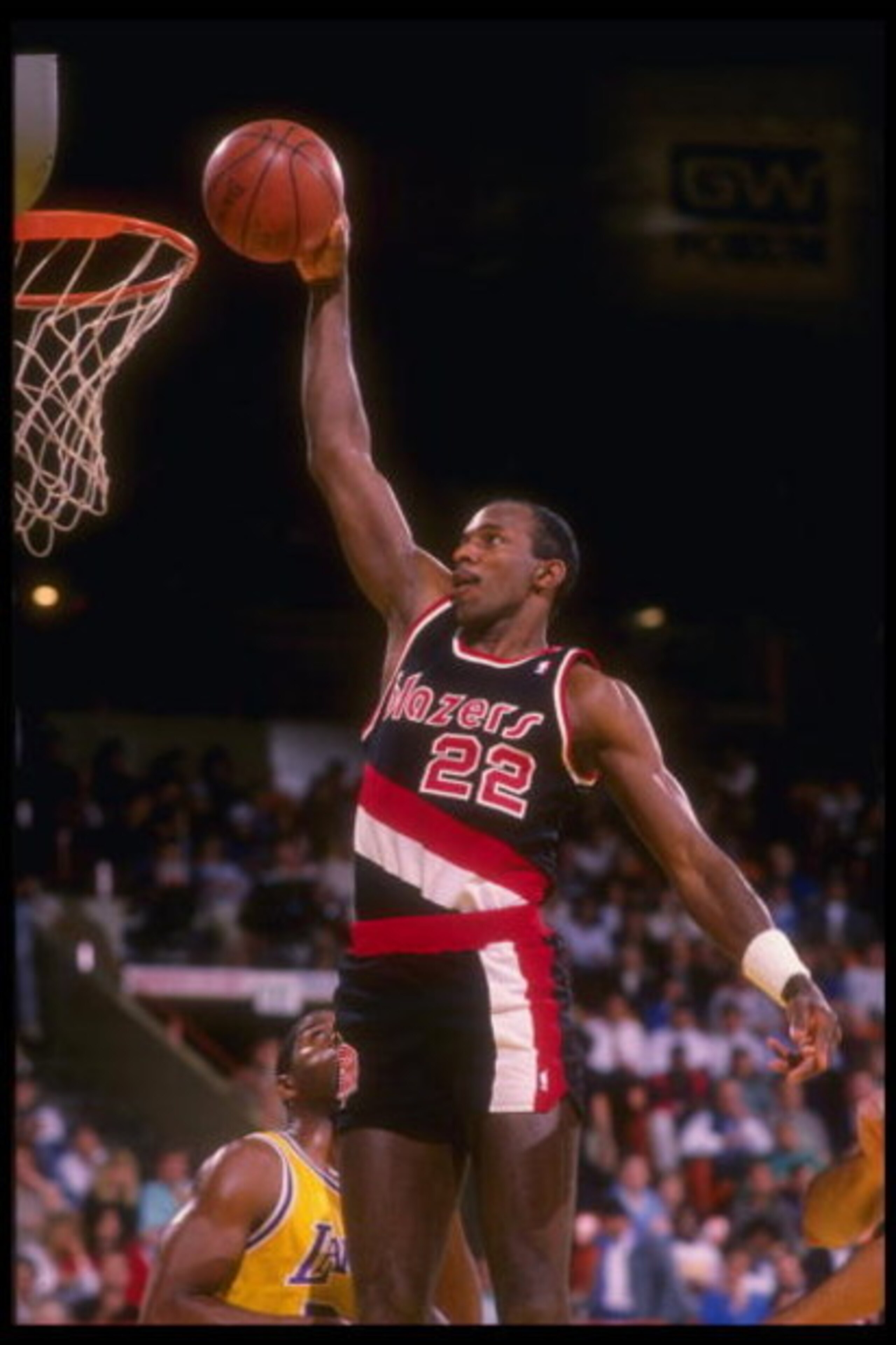 Guard Clyde Drexler of the Portland Trail Blazers goes up for two during a game.