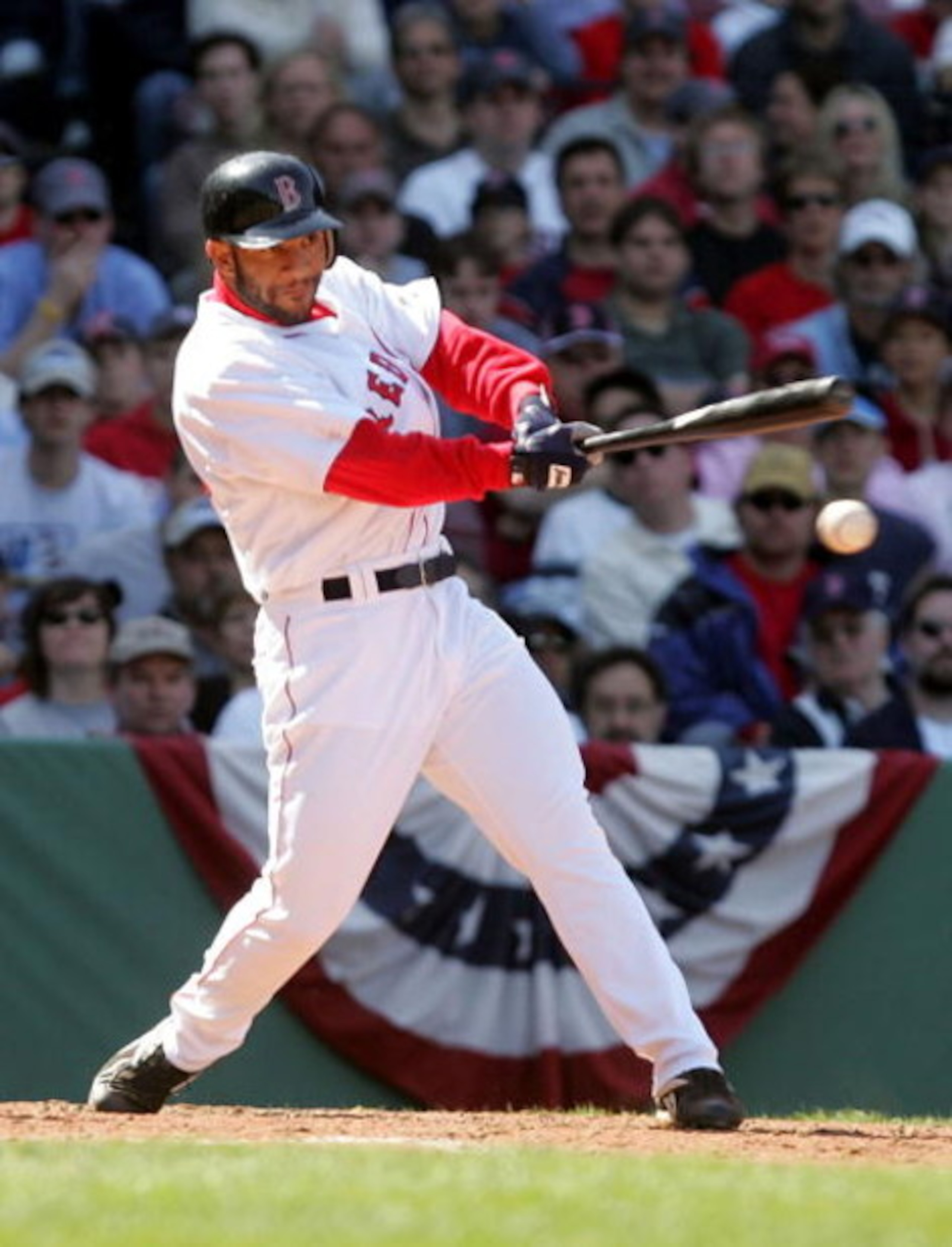 BOSTON - APRIL 17:  Jay Payton #44 of the Boston Red Sox hits a two run single in the third inning scoring David Ortiz and Kevin Millar against the Tampa Bay Devil Rays on April 17, 2005 at Fenway Park in Boston, Massachusetts.  (Photo by Jim McIsaac/Gett
