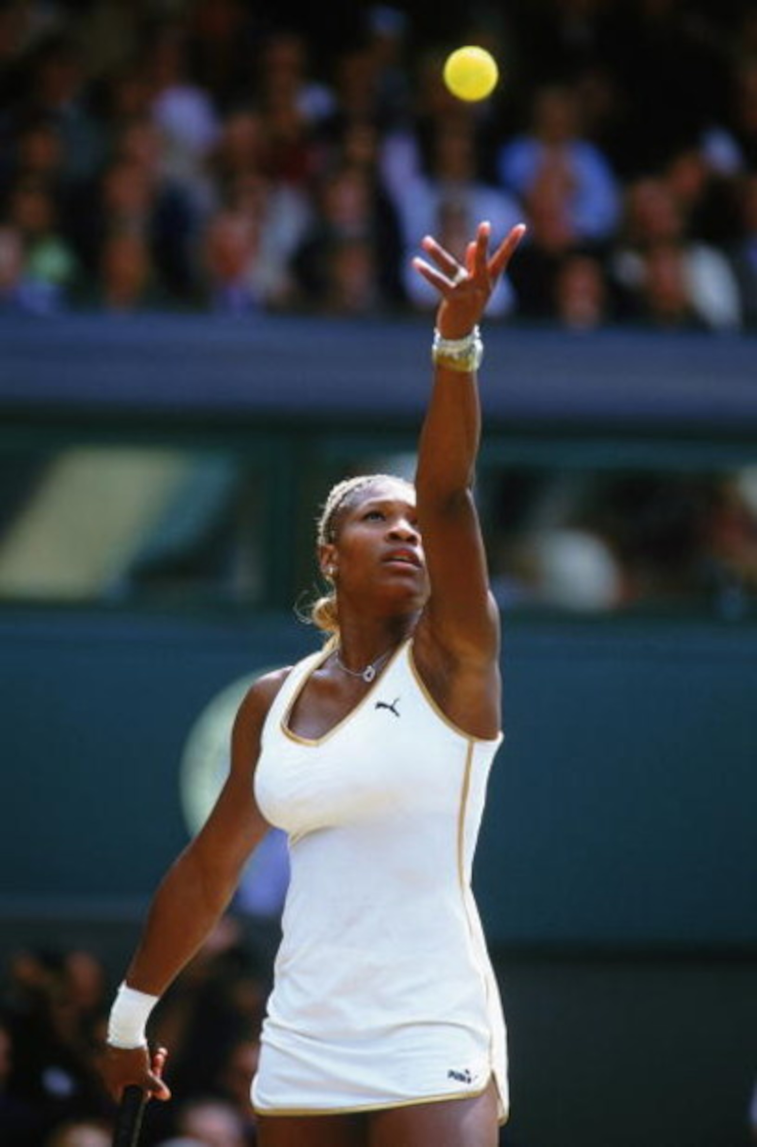 WIMBLEDON- JULY 6 :  Serena Williams of the United States of America in action during the Womens Singles Final against her sister Venus Williams of the United States of America at the Lawn Tennis Championships at the All England Club in Wimbledon, England