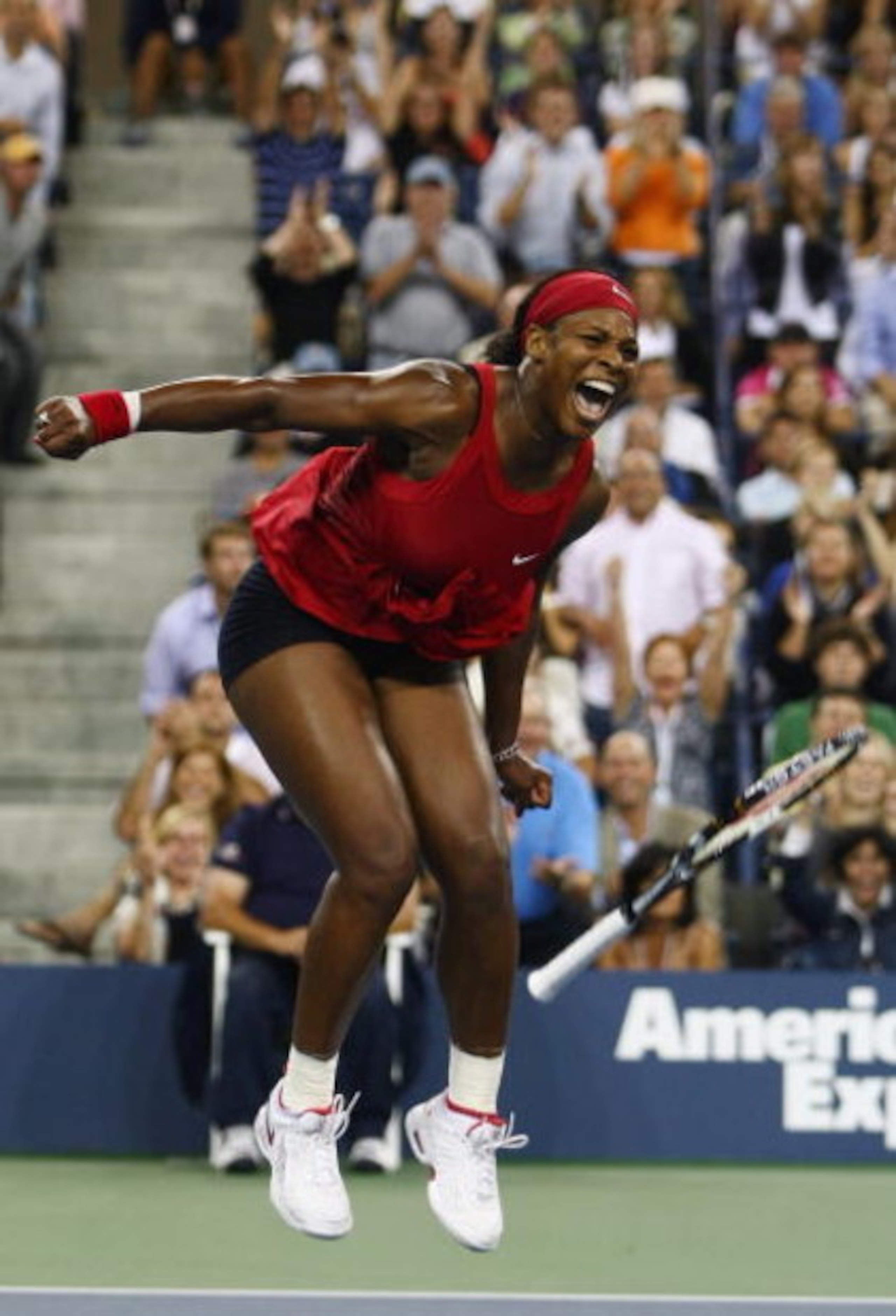 NEW YORK - SEPTEMBER 07:  Serena Williams of the United States celebrates winning championship point against Jelena Jankovic of Serbia during the women's singles finals on Day 14 of the 2008 U.S. Open at the USTA Billie Jean King National Tennis Center on