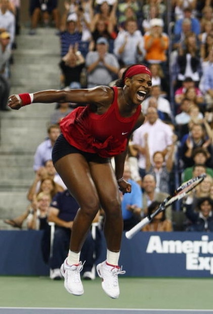 NEW YORK - SEPTEMBER 07:  Serena Williams of the United States celebrates winning championship point against Jelena Jankovic of Serbia during the women's singles finals on Day 14 of the 2008 U.S. Open at the USTA Billie Jean King National Tennis Center on