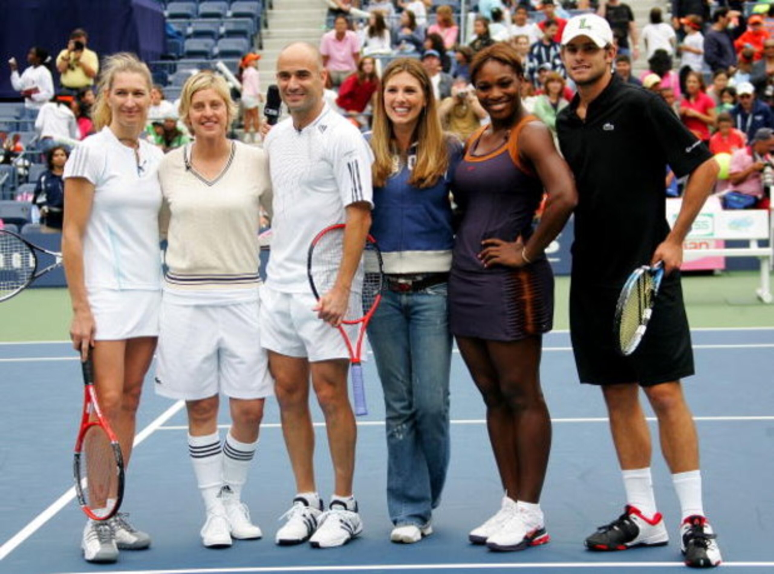 NEW YORK - AUGUST 26:  (L-R) Former-tennis star Steffi Graf, TV personality Ellen Degeneres, tennis star Andre Agassi, model Daisy Fuentes, tennis stars Serena Williams and Andy Roddick participate in a charity tennis event on Arthur Ashe Kid's Day at the