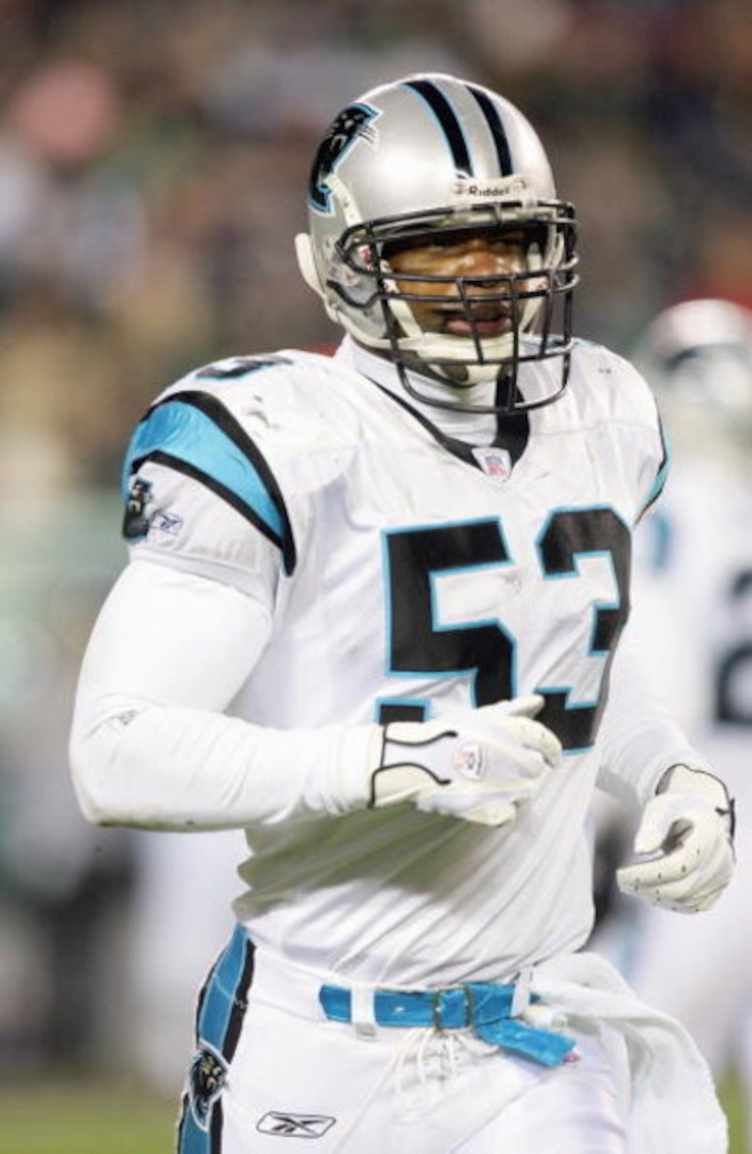 PHILADELPHIA - DECEMBER 4:  Na'il Diggs #53 of the Carolina Panthers jogs on the field during the game against the Philadelphia Eagles at Lincoln Financial Field on December 4, 2006 in Philadelphia, Pennsylvania. (Photo by Jim McIsaac/Getty Images)