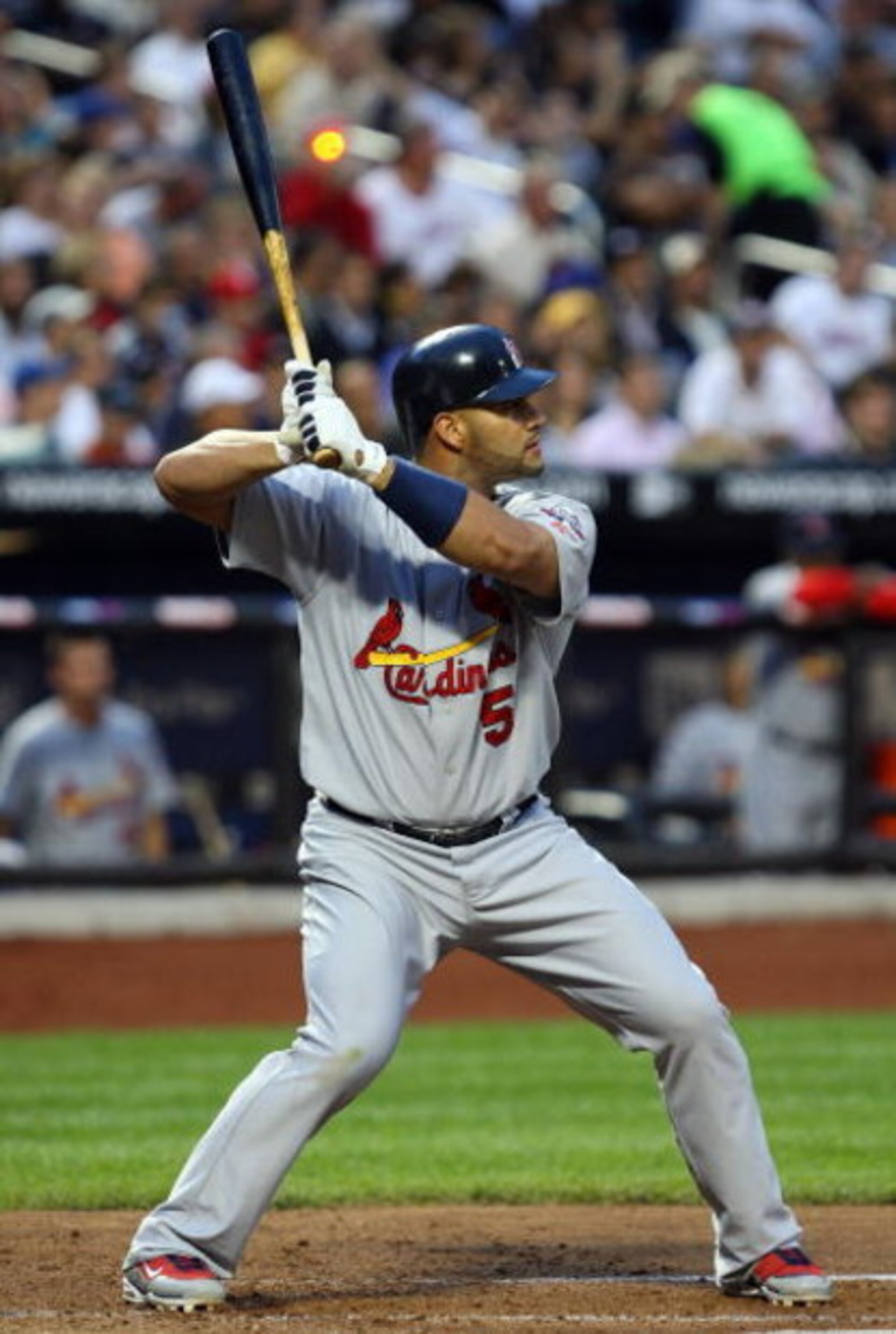 NEW YORK - JUNE 22:  Albert Pujols #5 of the St. Louis Cardinals bats against the New York Mets on June 22, 2009 at Citi Field in the Flushing neighborhood of the Queens borough of New York City.  (Photo by Jim McIsaac/Getty Images)
