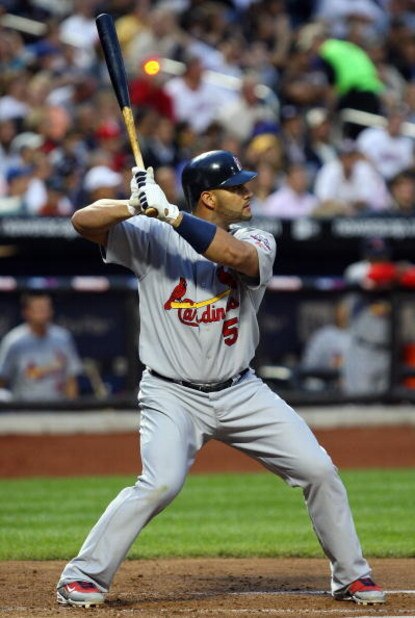 NEW YORK - JUNE 22:  Albert Pujols #5 of the St. Louis Cardinals bats against the New York Mets on June 22, 2009 at Citi Field in the Flushing neighborhood of the Queens borough of New York City.  (Photo by Jim McIsaac/Getty Images)