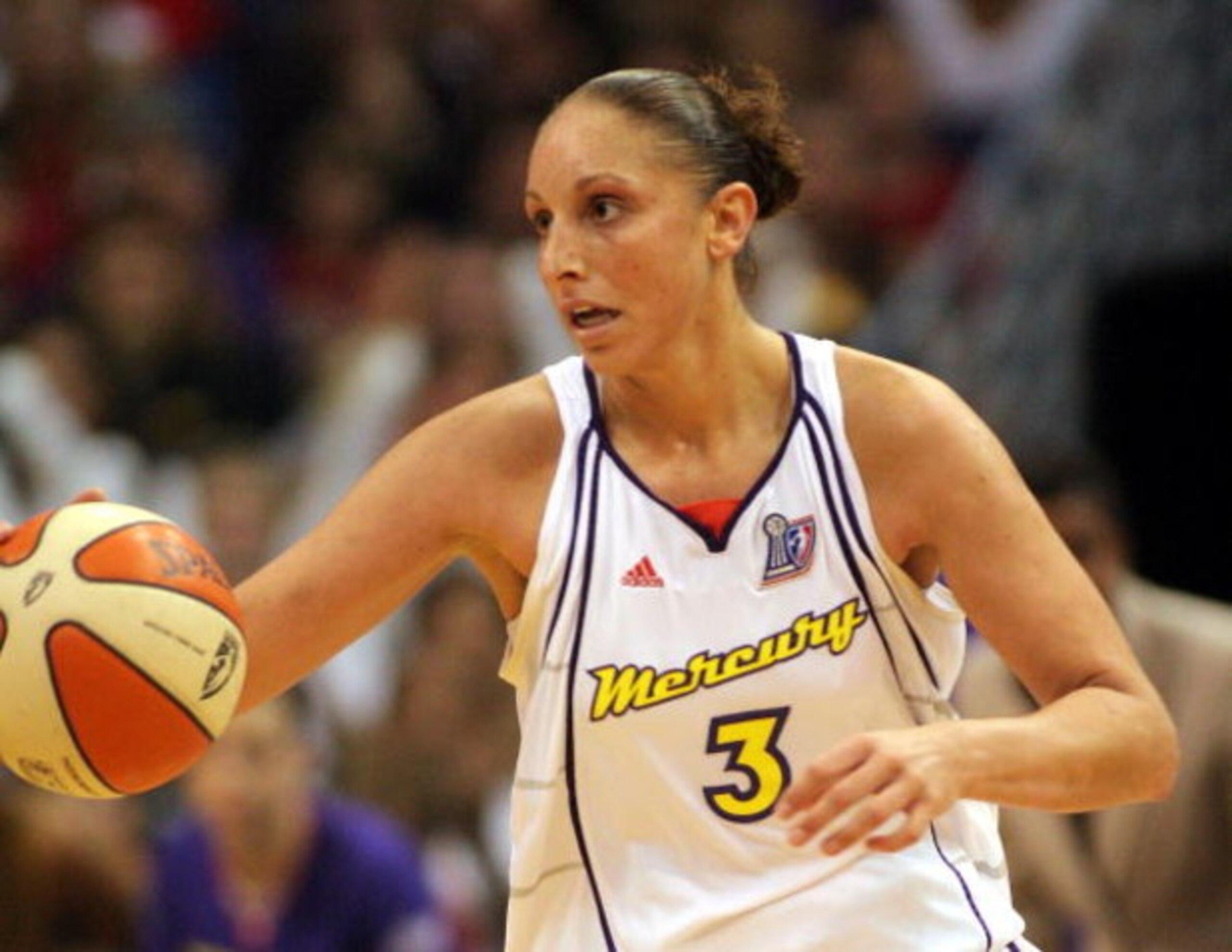 PHOENIX - SEPTEMBER 11:  Diana Taurasi #3 of the Phoenix Mercury moves the ball against the Detroit Shock in Game 3 of the WNBA Finals on September 11, 2007 at US Airways Center in Phoenix, Arizona.  Detroit won 88-83 to take a 2-1 lead in the series.  (P
