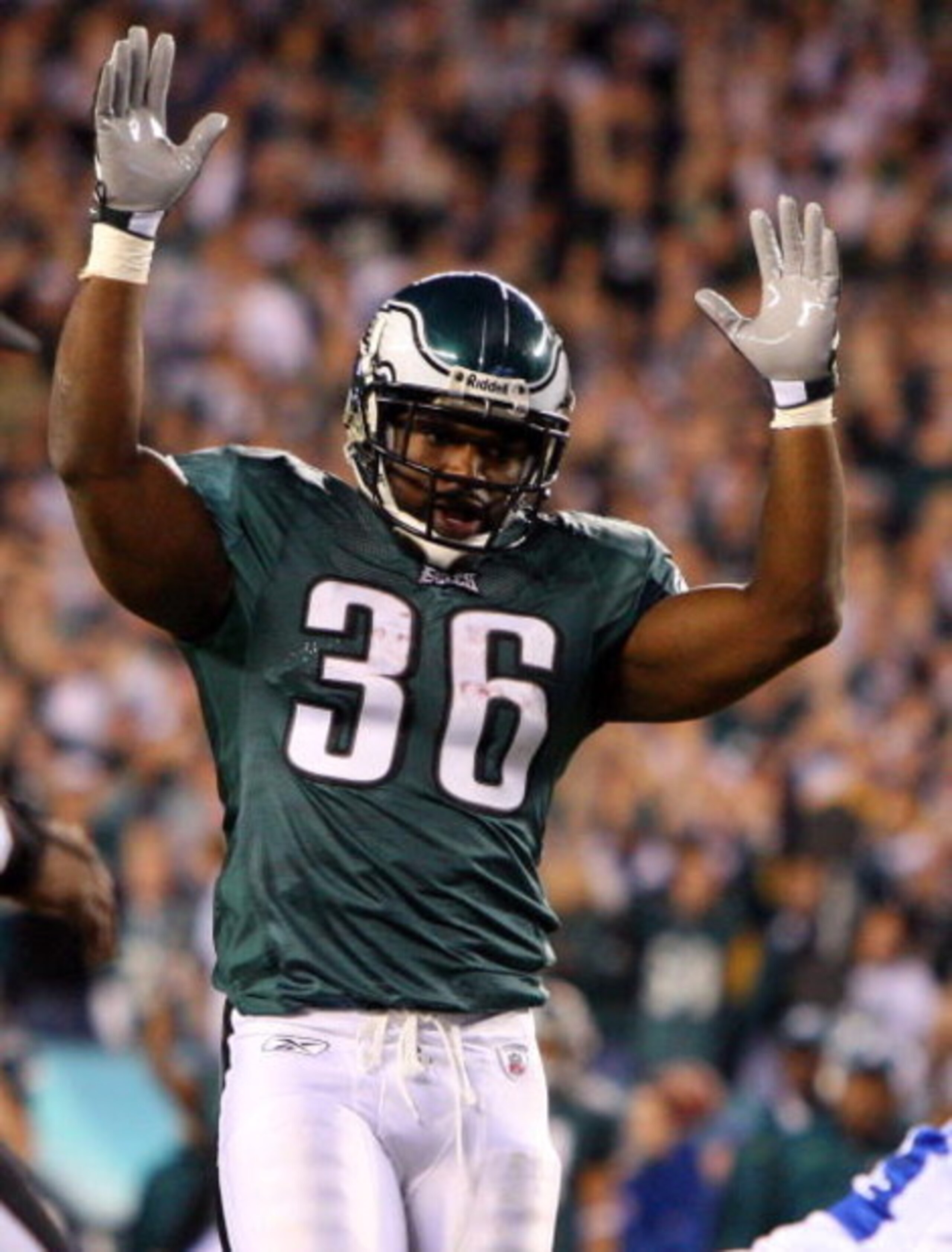 PHILADELPHIA - DECEMBER 28:  Brian Westbrook #36 of the Philadelphia Eagles celebrates against the Dallas Cowboys on December 28, 2008 at Lincoln Financial Field in Philadelphia, Pennsylvania. The Eagles defeated the Cowboys 44-6.  (Photo by Jim McIsaac/G