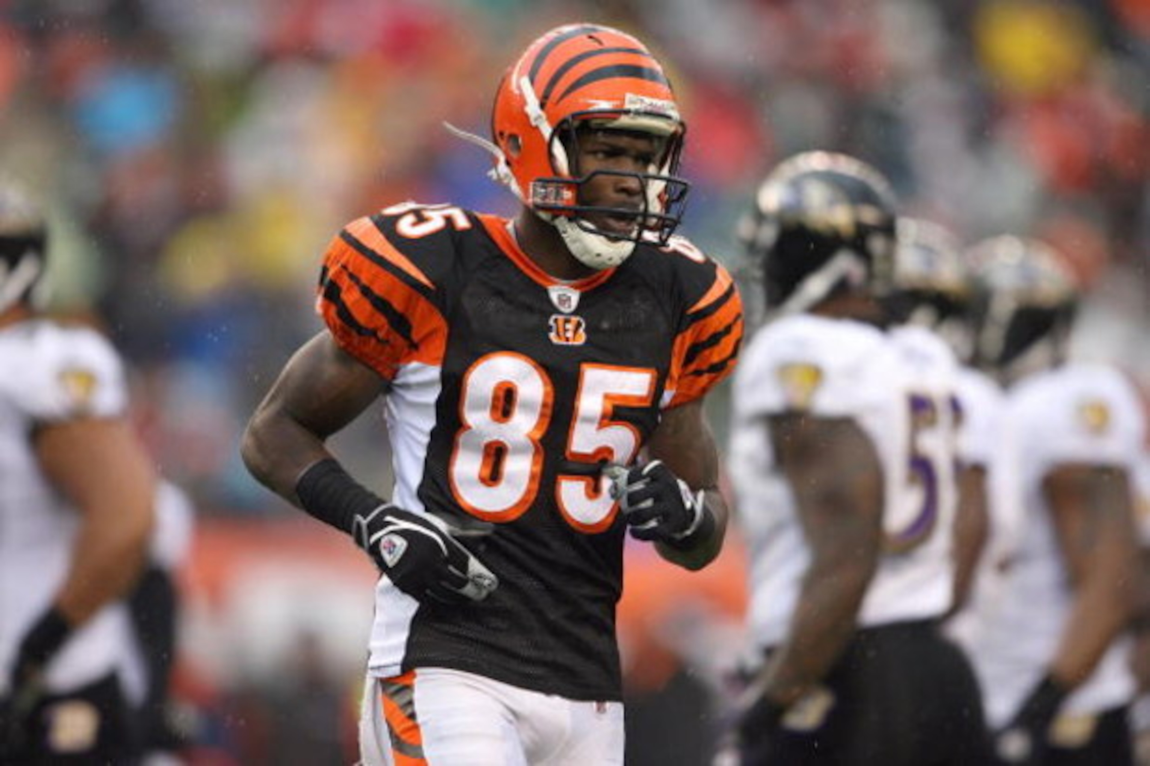 CINCINNATI - NOVEMBER 30:  Chad Johnson #85 of the Cincinnati Bengals jogs on the field during their NFL game against the Baltimore Ravens on November 30, 2008 at Paul Brown Stadium in Cincinnati, Ohio. The Ravens defeated the Bengals 34-3.(Photo by Andy 