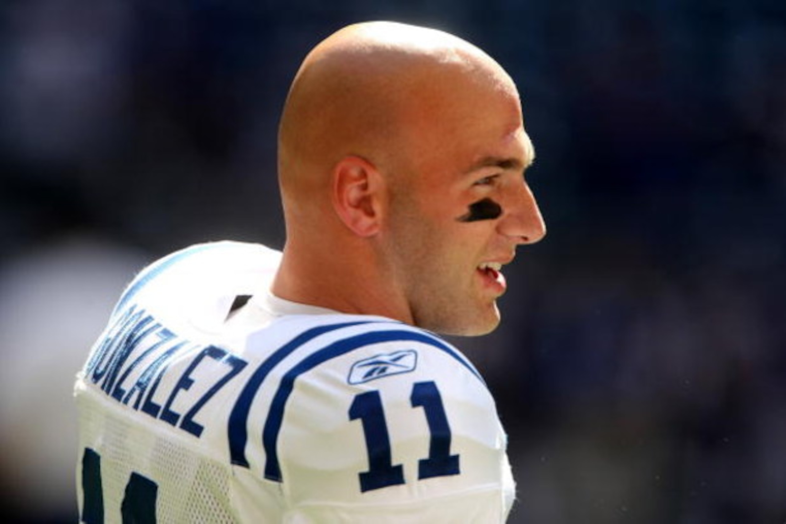 HOUSTON - OCTOBER 05:  Wide receiver Anthony Gonzalez #11 of the Indianapolis Colts warms up for the game with the Houston Texans on October 5, 2008 at Reliant Stadium in Houston, Texas.  The Colts won 31-27.  (Photo by Stephen Dunn/Getty Images)