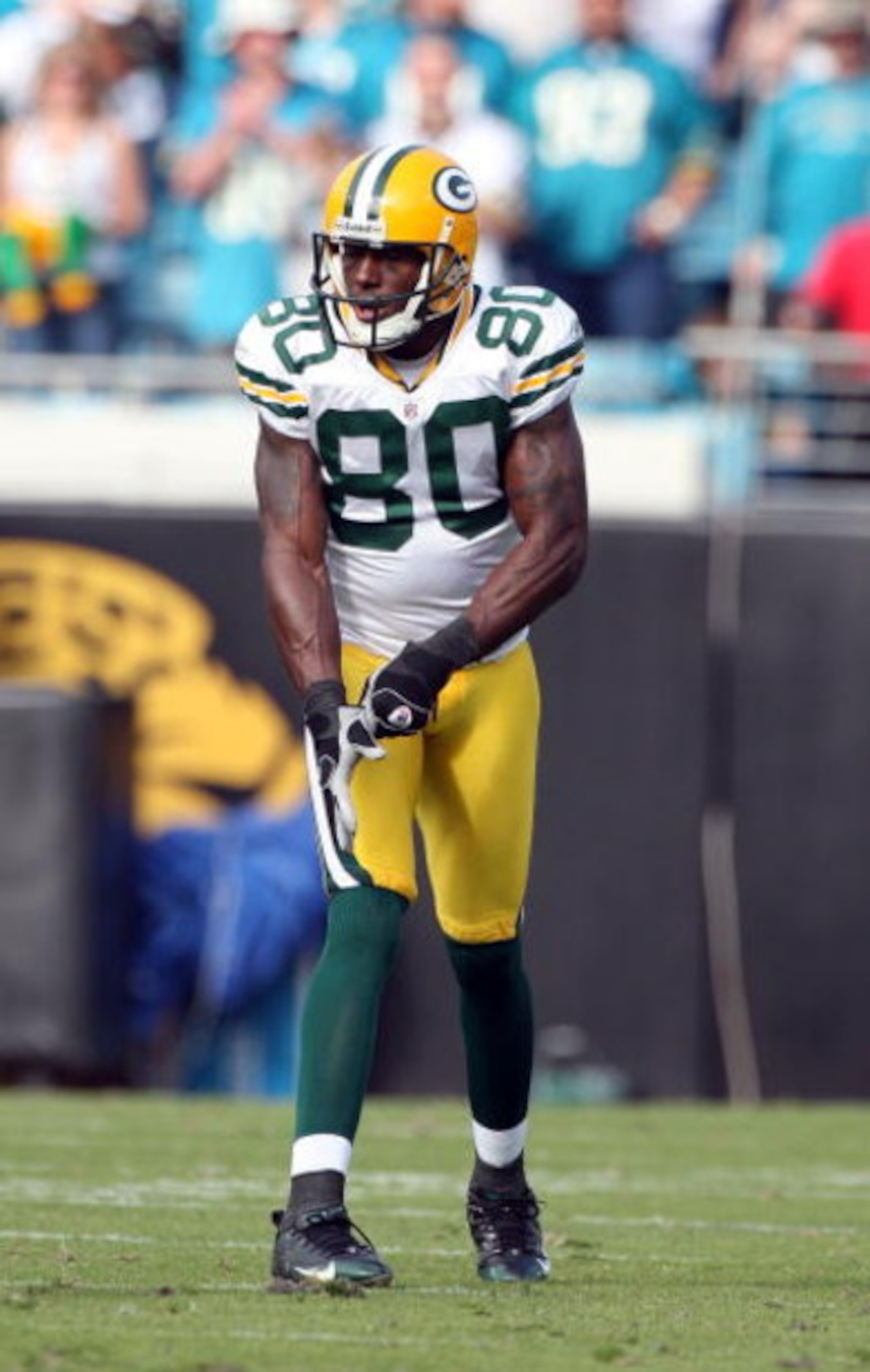 JACKSONVILLE, FL - DECEMBER 14:  Donald Driver #80 of the Green Bay Packers lines up during the game against the Jacksonville Jaguars at Jacksonville Municipal stadium on December 14, 2008 in Jacksonville, Florida.  (Photo by Sam Greenwood/Getty Images)