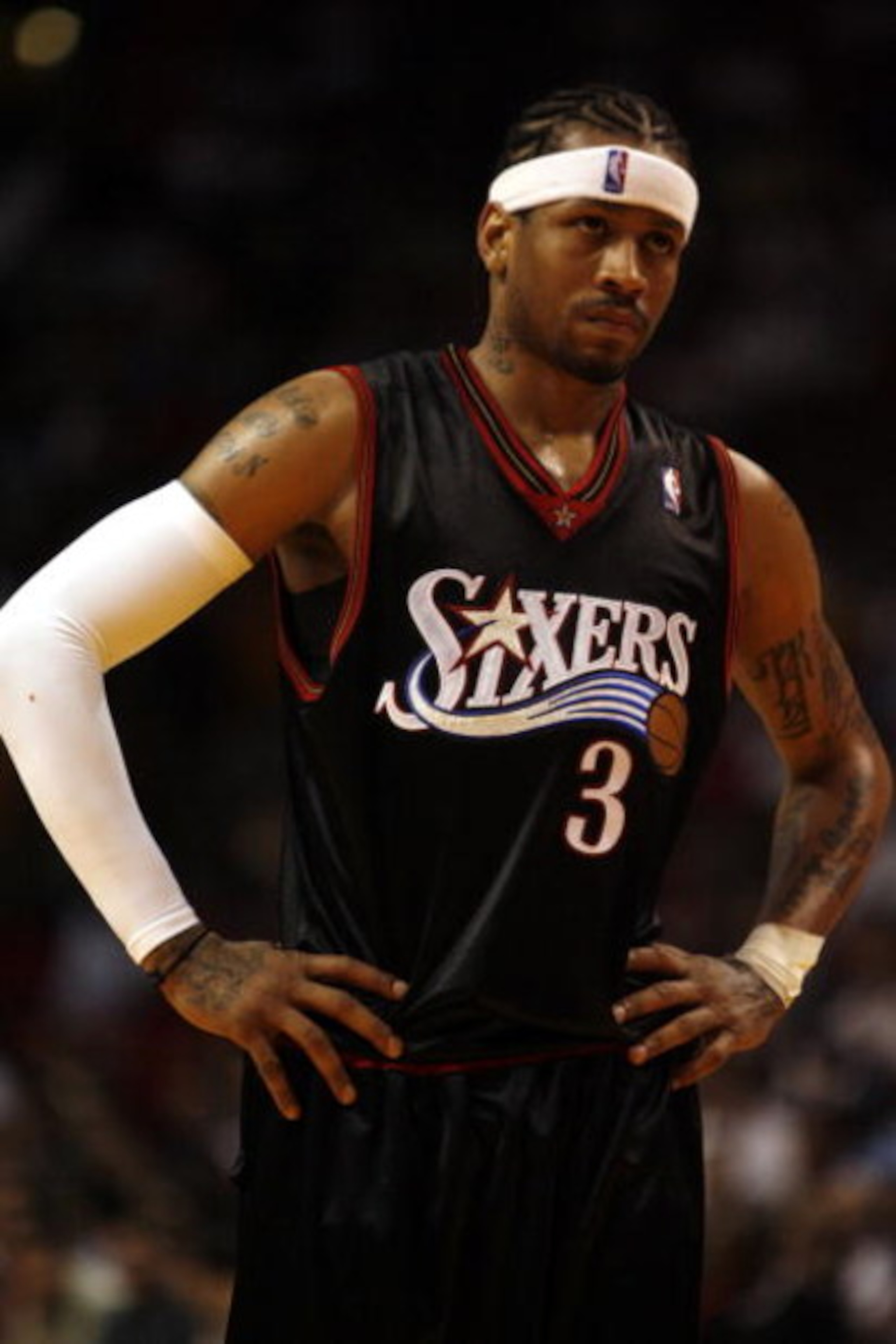 MIAMI - NOVEMBER 27:  Allen Iverson #3 of the Philadelphia 76ers pauses during action against the Miami Heat November 27, 2006 at the American Airlines Arena in Miami  Florida. NOTE TO USER: User expressly acknowledges and agrees that, by downloading and/