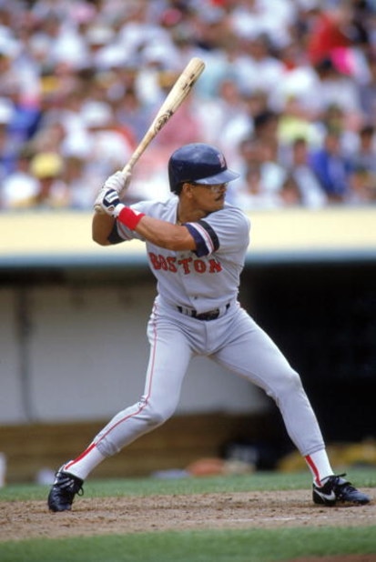 1990:  Luis Rivera of the Boston Red Sox readies for the pitch during the 1990 season. (Photo by Otto Greule Jr/Getty Images)