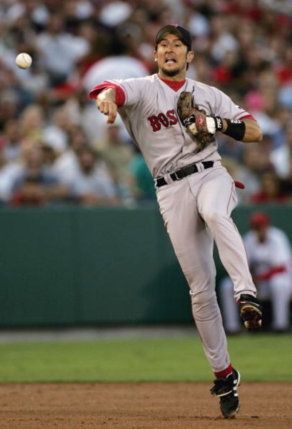 ANAHEIM, CA - JULY 15:  Shortstop Nomar Garciaparra #5 of the Boston Red Sox throws to first to record the force out on David Eckstein #22 of the Anaheim Angels on July 15, 2004 at the Angel Stadium of Anaheim in Anaheim, California.  (Photo by Doug Benc/