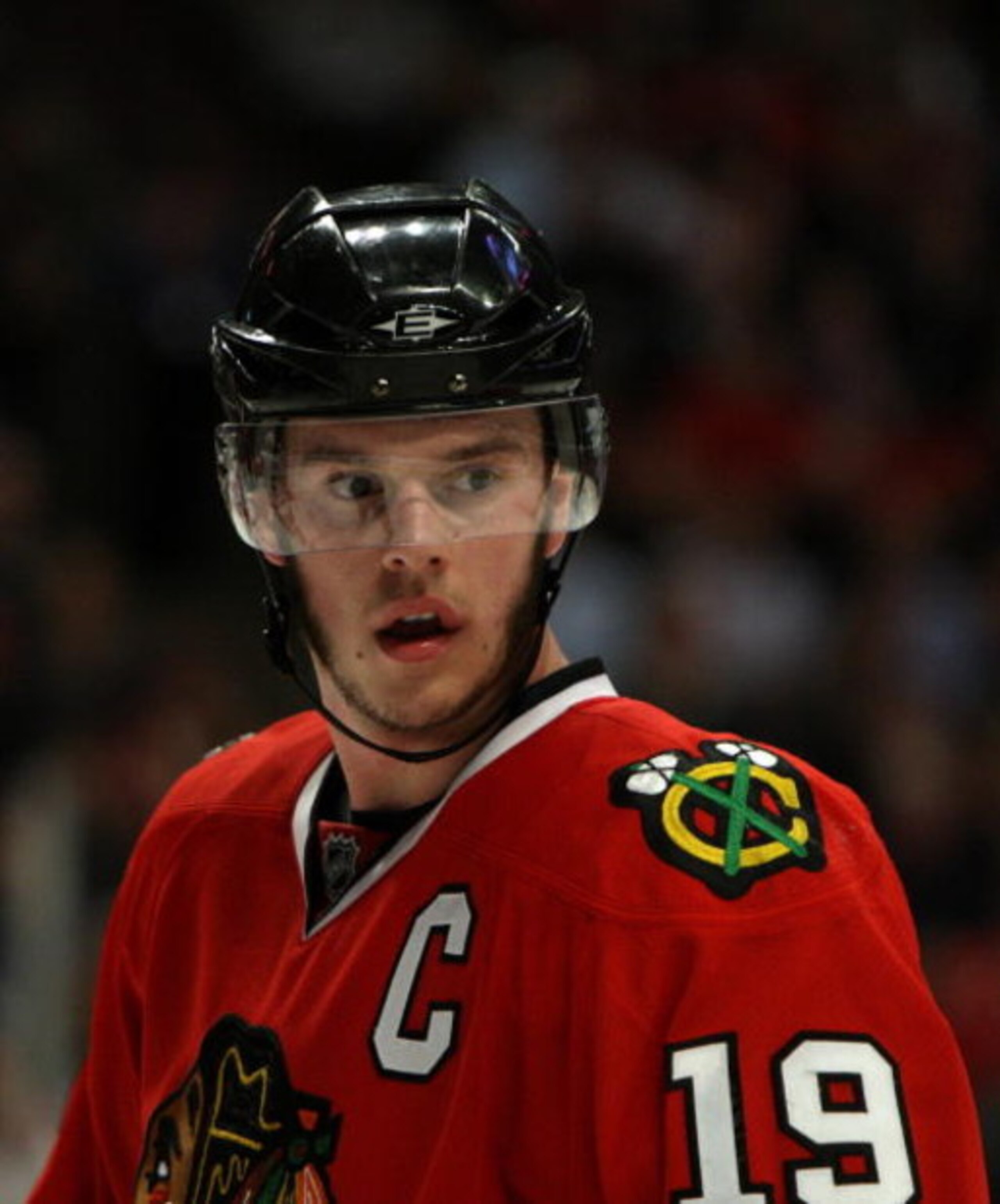 CHICAGO - MAY 22:  Jonathan Toews #19 of the Chicago Blackhawks looks on against the Detroit Red Wings during Game Three of the Western Conference Championship Round of the 2009 Stanley Cup Playoffs on May 22, 2009 at the United Center in Chicago, Illinoi