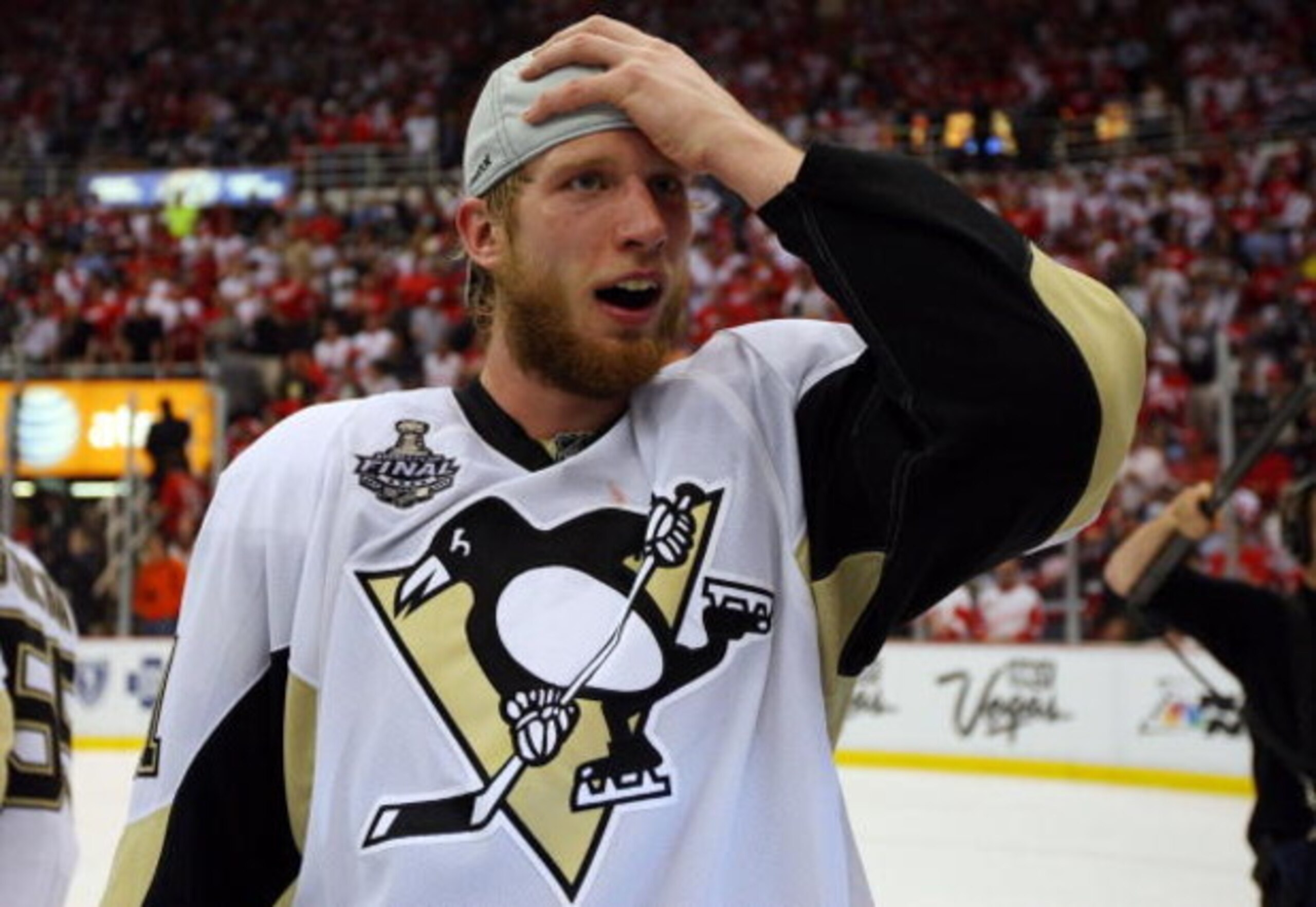 DETROIT - JUNE 12:  Jordan Staal #11 of the Pittsburgh Penguins celebrates after defeating the Detroit Red Wings by a score of 2-1 to win Game Seven and the 2009 NHL Stanley Cup Finals at Joe Louis Arena on June 12, 2009 in Detroit, Michigan.  (Photo by J