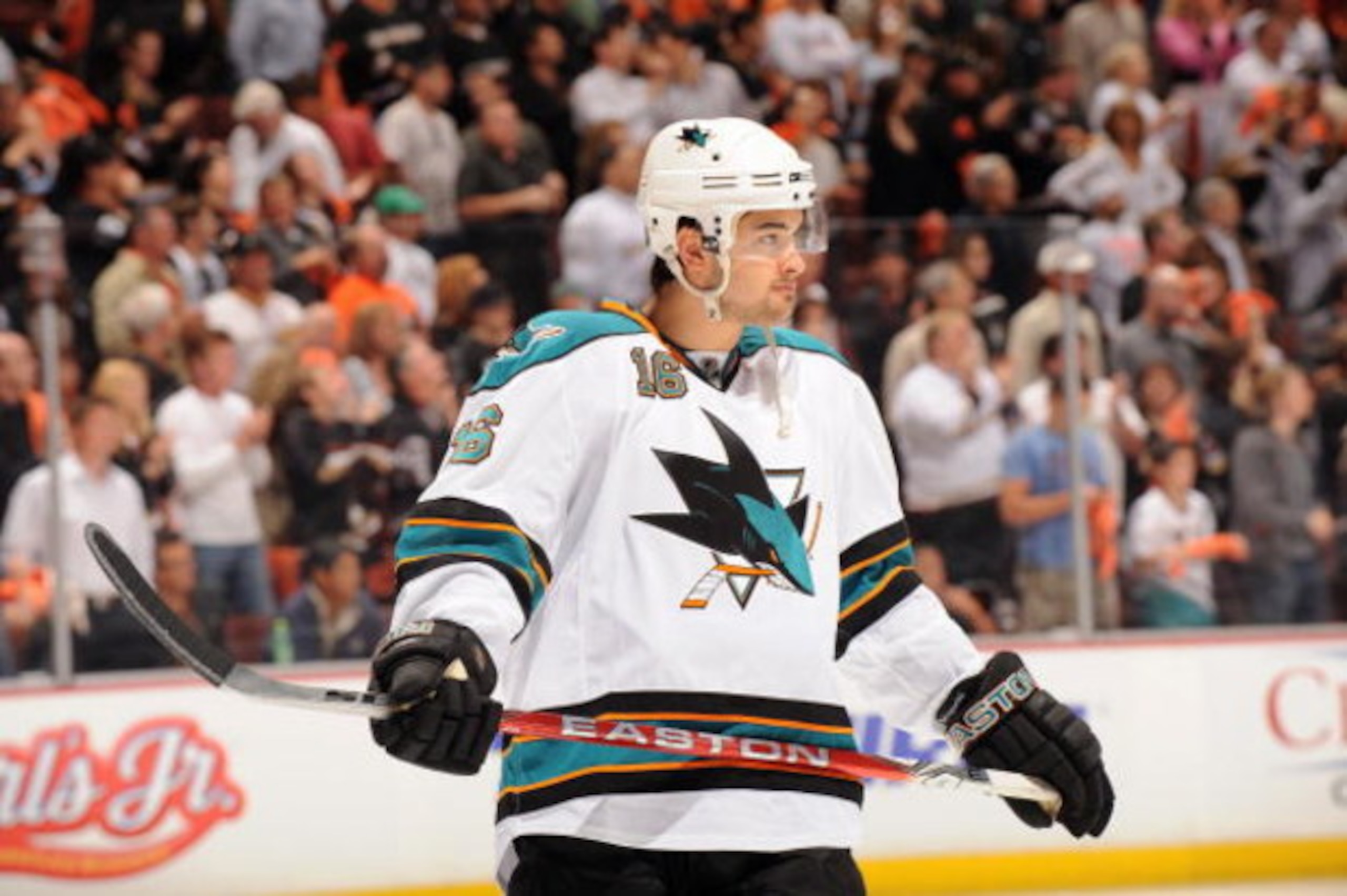 ANAHEIM, CA - APRIL 21:  Devin Setoguchi #16 of the San Jose Sharks looks on against the Anaheim Ducks during Game Three of the Western Conference Quarterfinal Round of the 2009 Stanley Cup Playoffs at Honda Center on April 21, 2009 in Anaheim, California