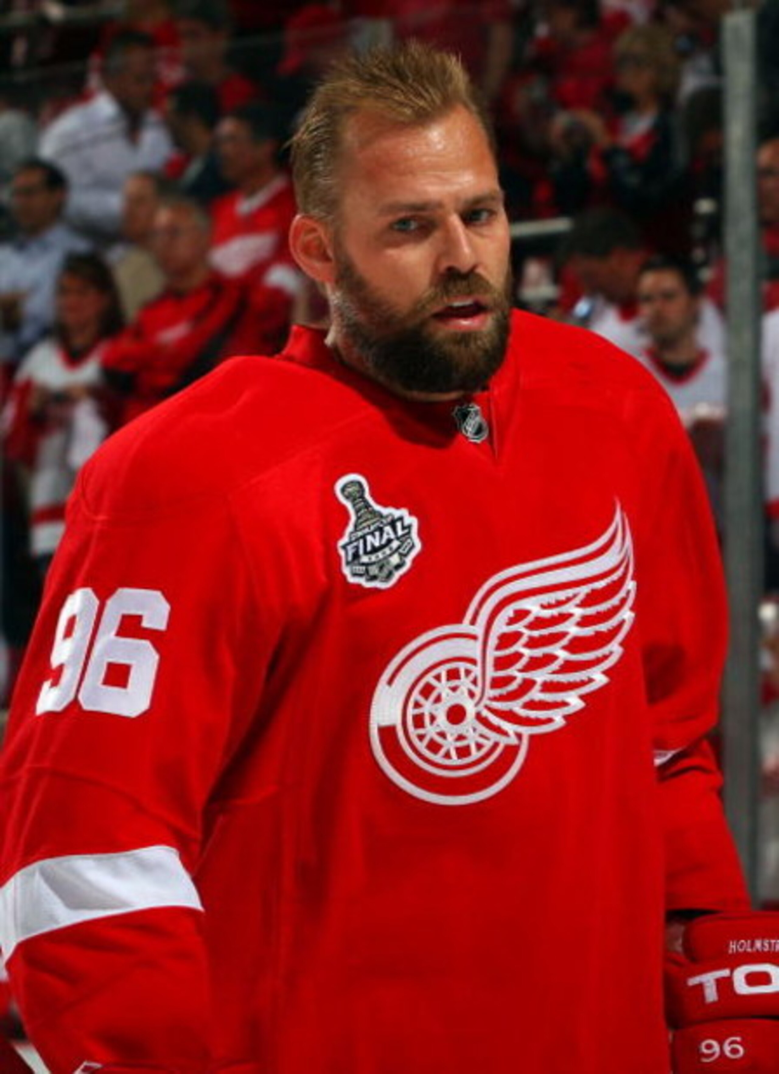 DETROIT - JUNE 12:  Tomas Holmstrom #96 of the Detroit Red Wings warms up before playing against the Pittsburgh Penguins in Game Seven of the 2009 NHL Stanley Cup Finals at Joe Louis Arena on June 12, 2009 in Detroit, Michigan.  (Photo by Jim McIsaac/Gett
