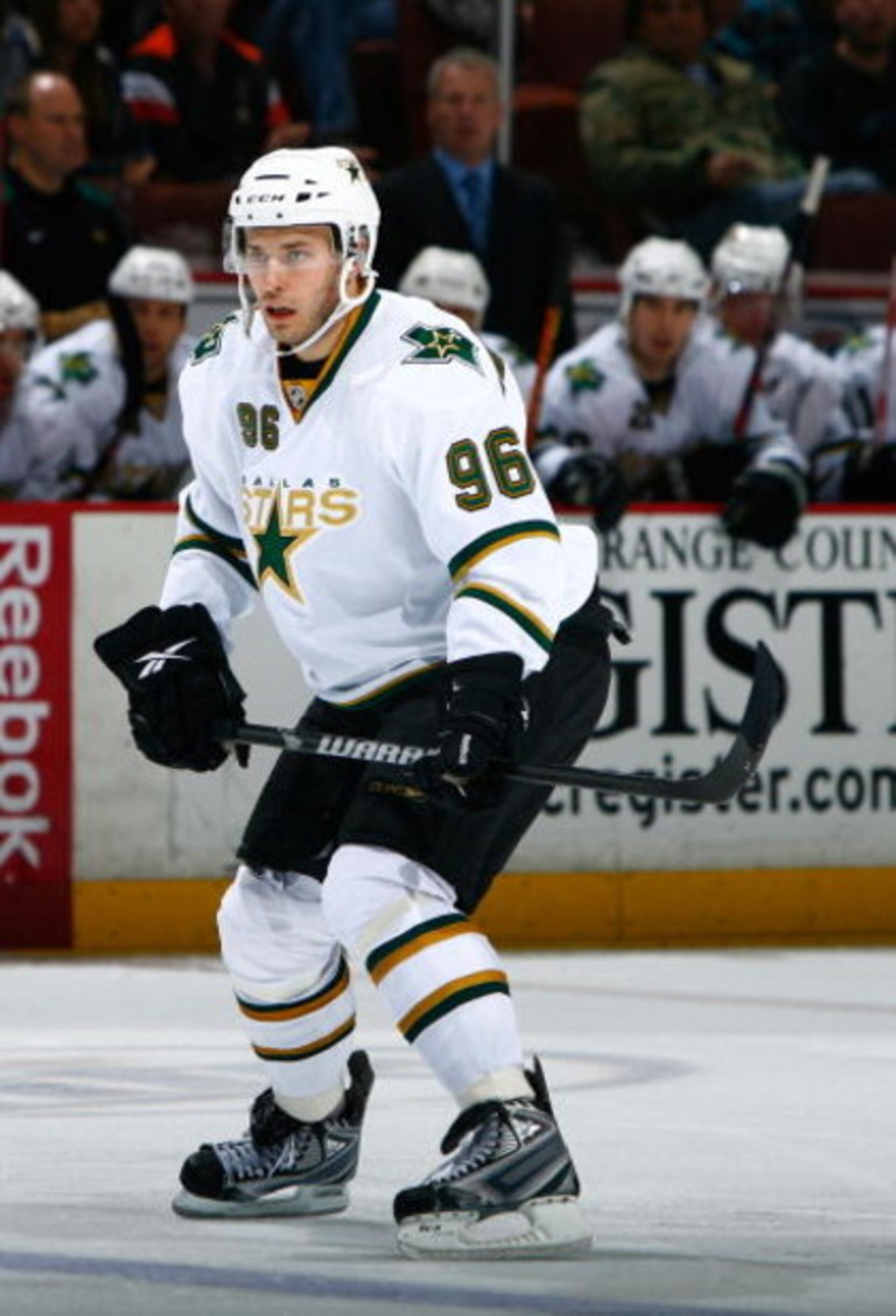 ANAHEIM, CA - APRIL 10:  Fabian Brunnstrom #96 of the Dallas Stars skates against the Anaheim Ducks at the Honda Center on April 10, 2009 in Anaheim, California. The Ducks defeated the Stars 4-3 in a shootout.  (Photo by Jeff Gross/Getty Images)
