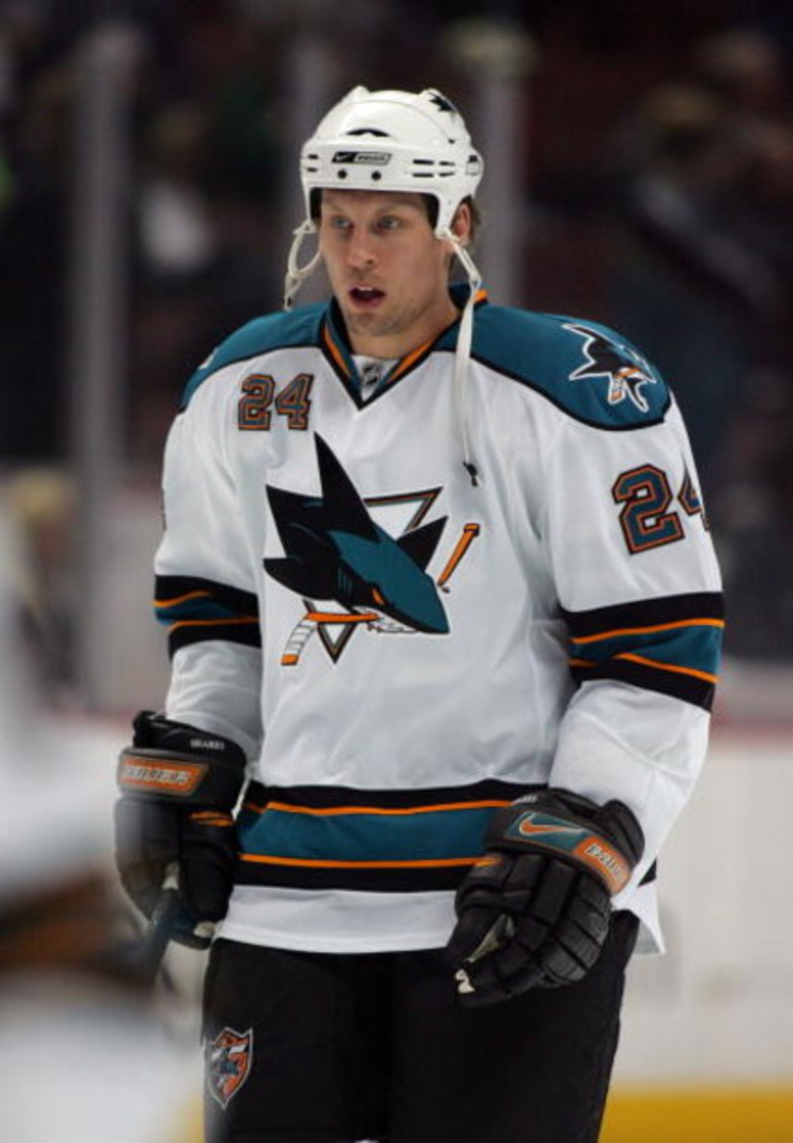 ANAHEIM, CA - MARCH 15:  Travis Moen #24 of the San Jose Sharks skates during warm-up prior to the NHL game against the Anaheim Ducks at Honda Center on March 15, 2009 in Anaheim, California. The Sharks shutout the Ducks 1-0.  (Photo by Victor Decolongon/