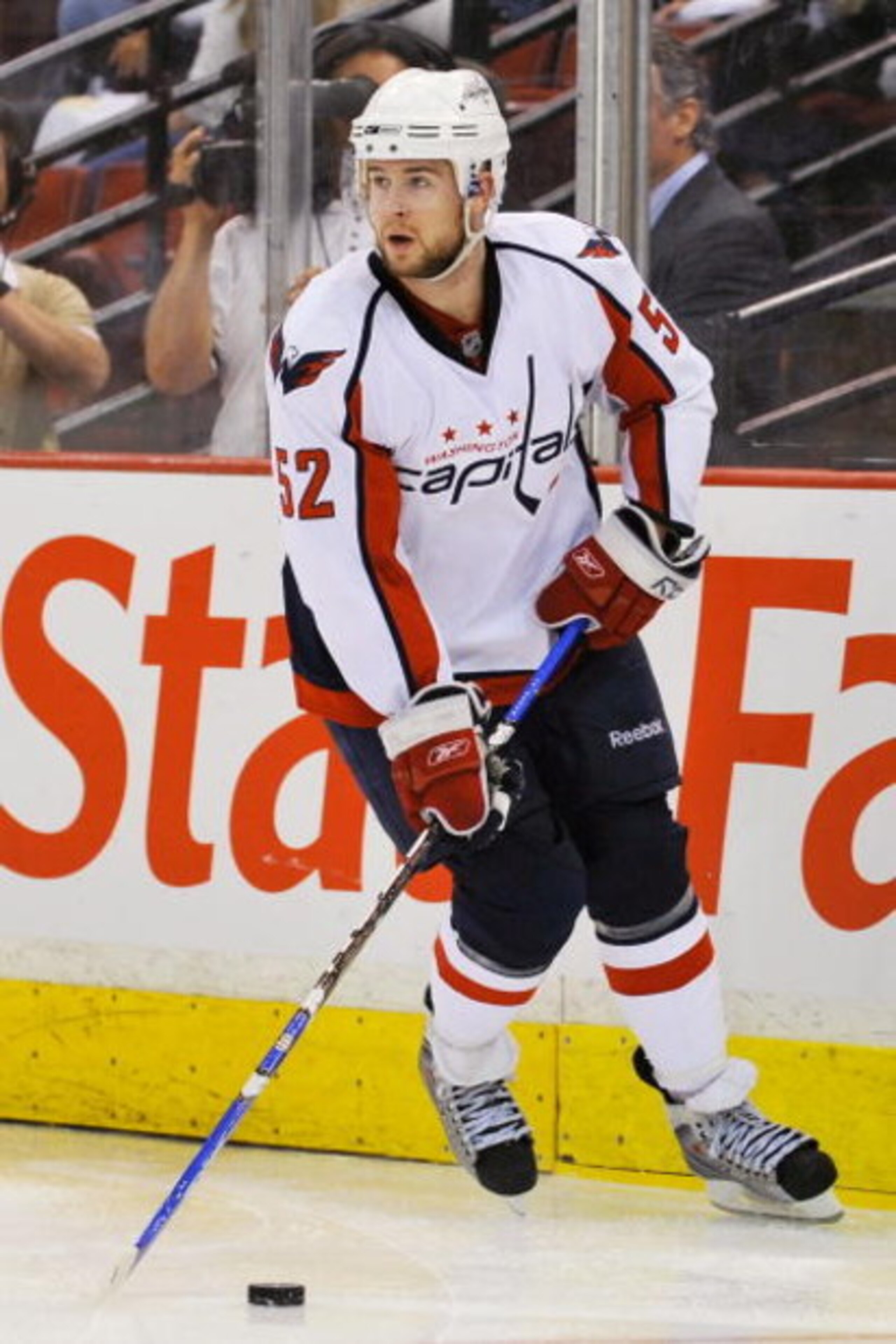 PITTSBURGH - MAY 08:  Defenseman Mike Green #52 of the Washington Capitals skates with the puck against the Pittsburgh Penguins during Game Four of the Eastern Conference Semifinal Round of the 2009 Stanley Cup Playoffs at Mellon Arena on May 8, 2009 in P