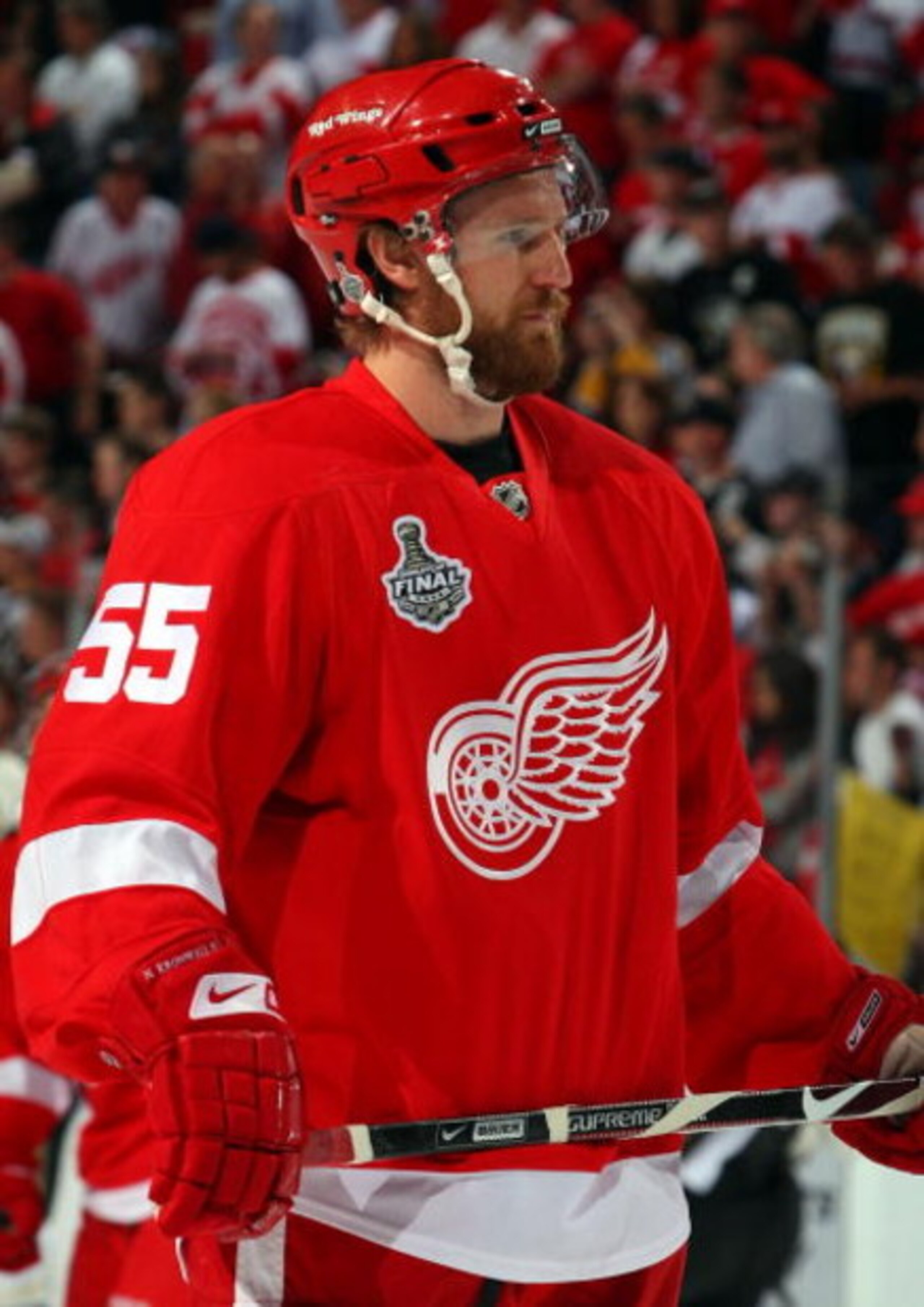 DETROIT - JUNE 12:  Niklas Kronwall #55 of the Detroit Red Wings warms up before playing against the Pittsburgh Penguins in Game Seven of the 2009 NHL Stanley Cup Finals at Joe Louis Arena on June 12, 2009 in Detroit, Michigan.  (Photo by Jim McIsaac/Gett