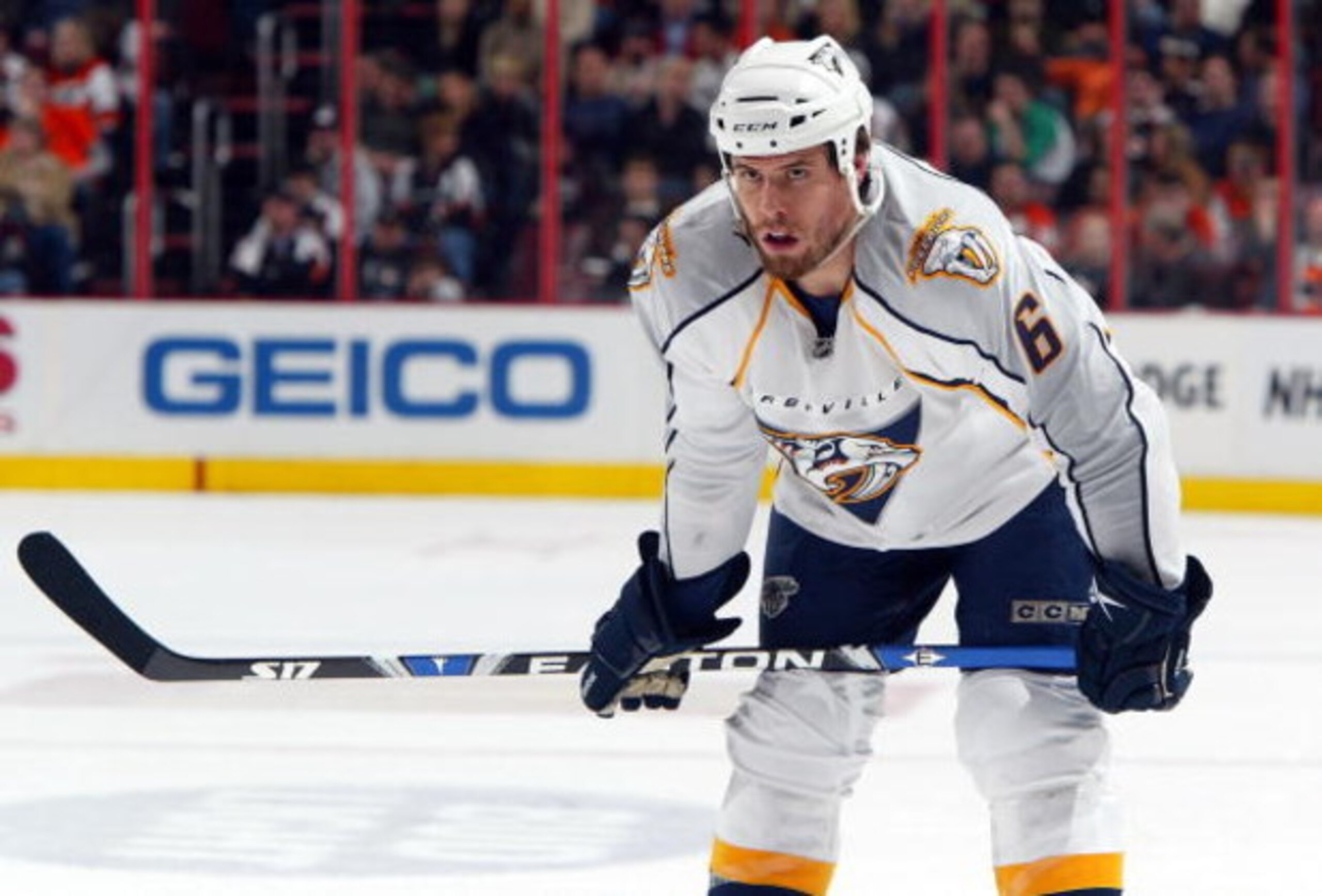 PHILADELPHIA - MARCH 07:  Shea Weber #6 of the Nashville Predators skates against the Philadelphia Flyers on March 7, 2009 at Wachovia Center in Philadelphia, Pennsylvania. The Flyers defeated the Predators 4-1.  (Photo by Jim McIsaac/Getty Images)