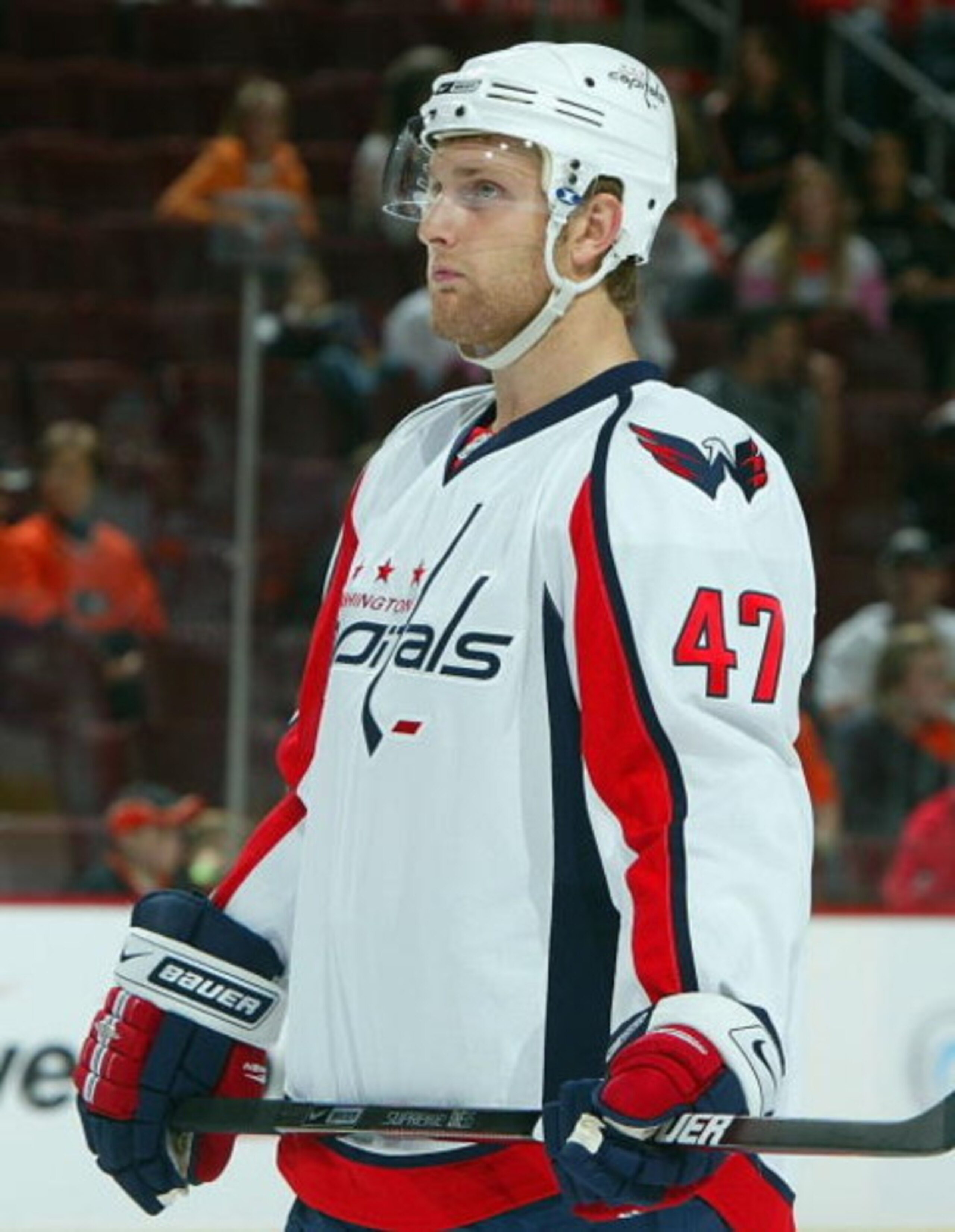 PHILADELPHIA - OCTOBER 1: Karl Alzner #47 of the Washington Capitals skates against the Philadelphia Flyers at the Wachovia Center October 1, 2008 in Philadelphia, Pennsylvania. The Flyers defeated the Capitals 2-1. (Photo by Jim McIsaac/Getty Images) 