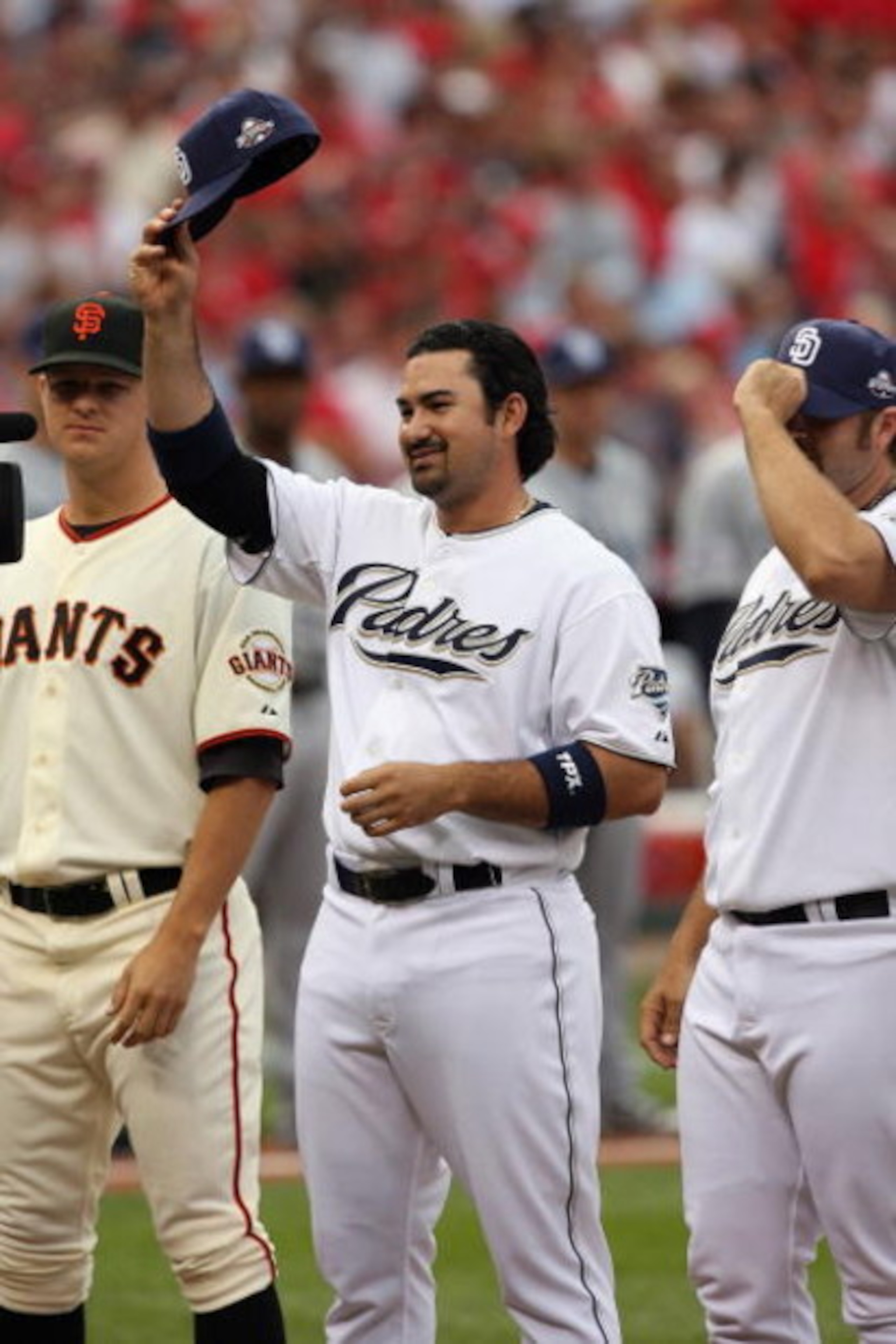 ST. LOUIS, MO - JULY 14: National League All-Star Adrian Gonzalez of the San Diego Padres tips his hat during introductions before the 2009 MLB All-Star Game at Busch Stadium on July 14, 2009 in St. Louis, Missouri. (Photo by Dilip Vishwanat/Getty Images ST. LOUIS, MO - JULY 14: National League All-Star Adrian Gonzalez of the San Diego Padres tips his hat during introductions before the 2009 MLB All-Star Game at Busch Stadium on July 14, 2009 in St. Louis, Missouri. (Photo by Dilip Vishwanat/Getty Images