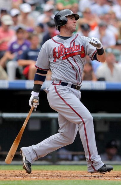 DENVER - JULY 12:  Ryan Church #25 of the Atlanta Braves takes an at bat against the Colorado Rockies during MLB action at Coors Field on July 12, 2009 in Denver, Colorado. The Rockies defeated the Braves 8-7.  (Photo by Doug Pensinger/Getty Images)