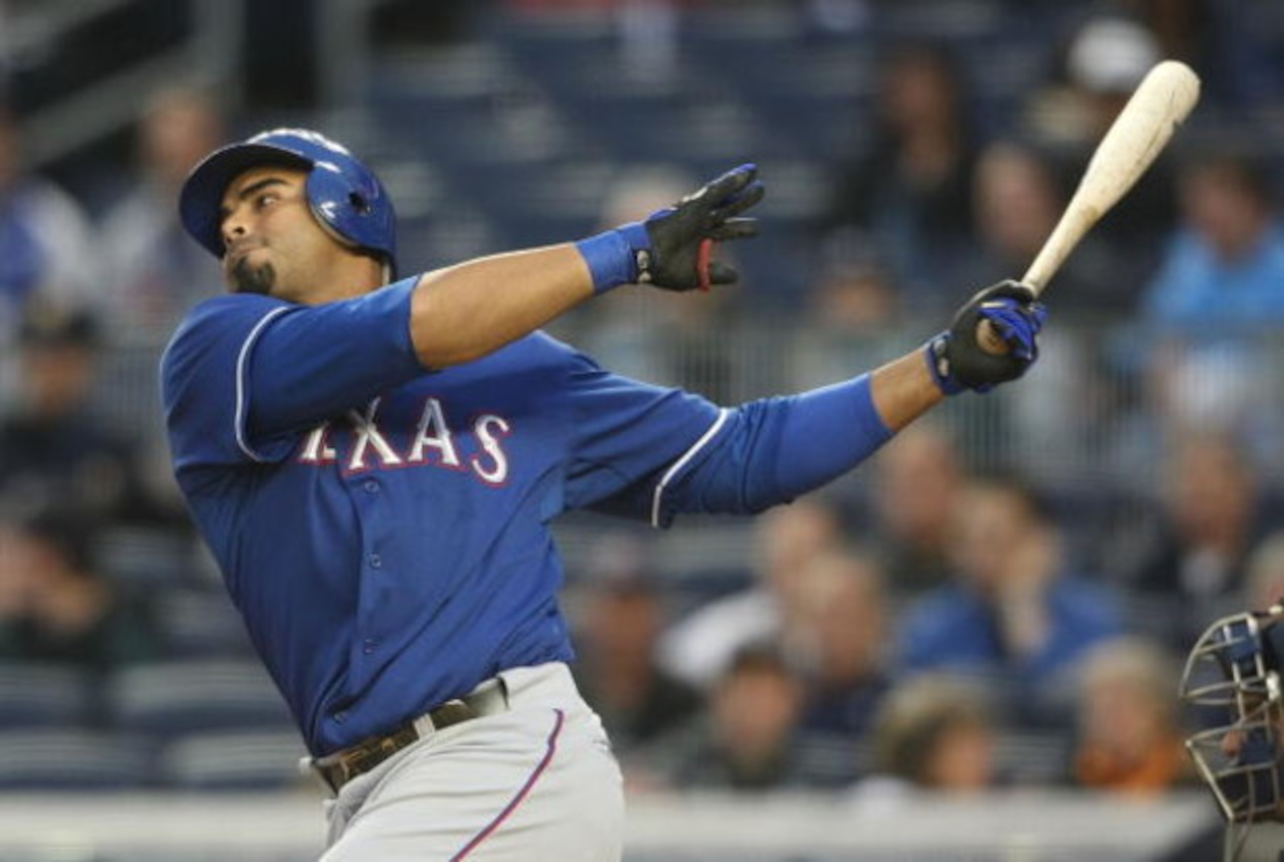 NEW YORK - JUNE 03: Nelson Cruz #17 of the Texas Rangers bats against the New York Yankees on June 3, 2009 at Yankee Stadium in the Bronx borough of New York City. (Photo by Nick Laham/Getty Images) NEW YORK - JUNE 03: Nelson Cruz #17 of the Texas Rangers bats against the New York Yankees on June 3, 2009 at Yankee Stadium in the Bronx borough of New York City. (Photo by Nick Laham/Getty Images)