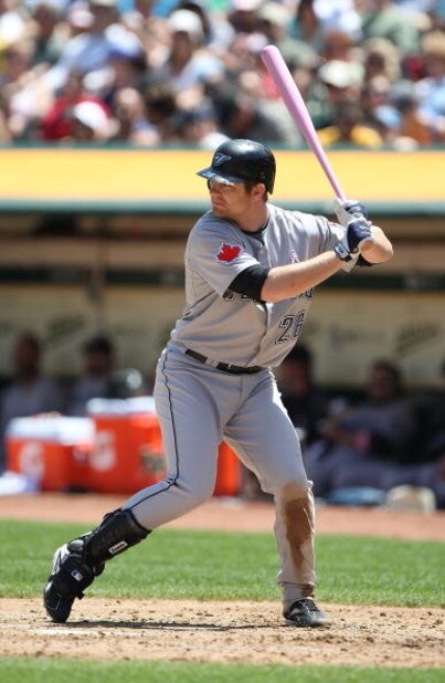 OAKLAND, CA - MAY 10:  Adam Lind #26 of the Toronto Blue Jays bats against the Oakland Athletics during a Major League Baseball game on May 10, 2009 at the Oakland Coliseum in Oakland, California.  (Photo by Jed Jacobsohn/Getty Images)