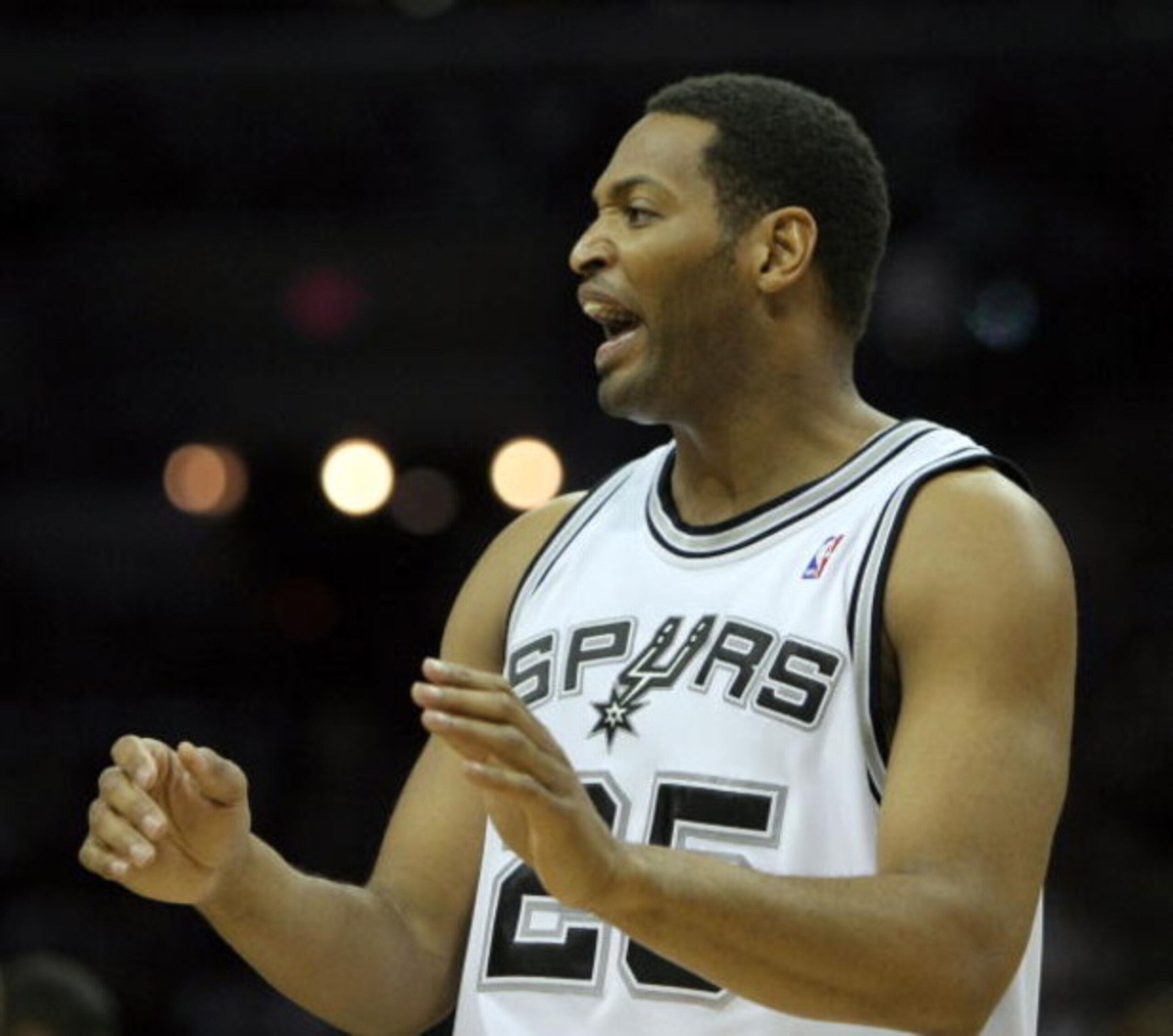 SAN ANTONIO - APRIL 29:  Robert Horry #25 of the San Antonio Spurs reacts to a foul called against him during the first quarter against the Phoenix Suns in Game Five of the Western Conference Quarterfinals during the 2008 NBA Playoffs at the AT&T Center o