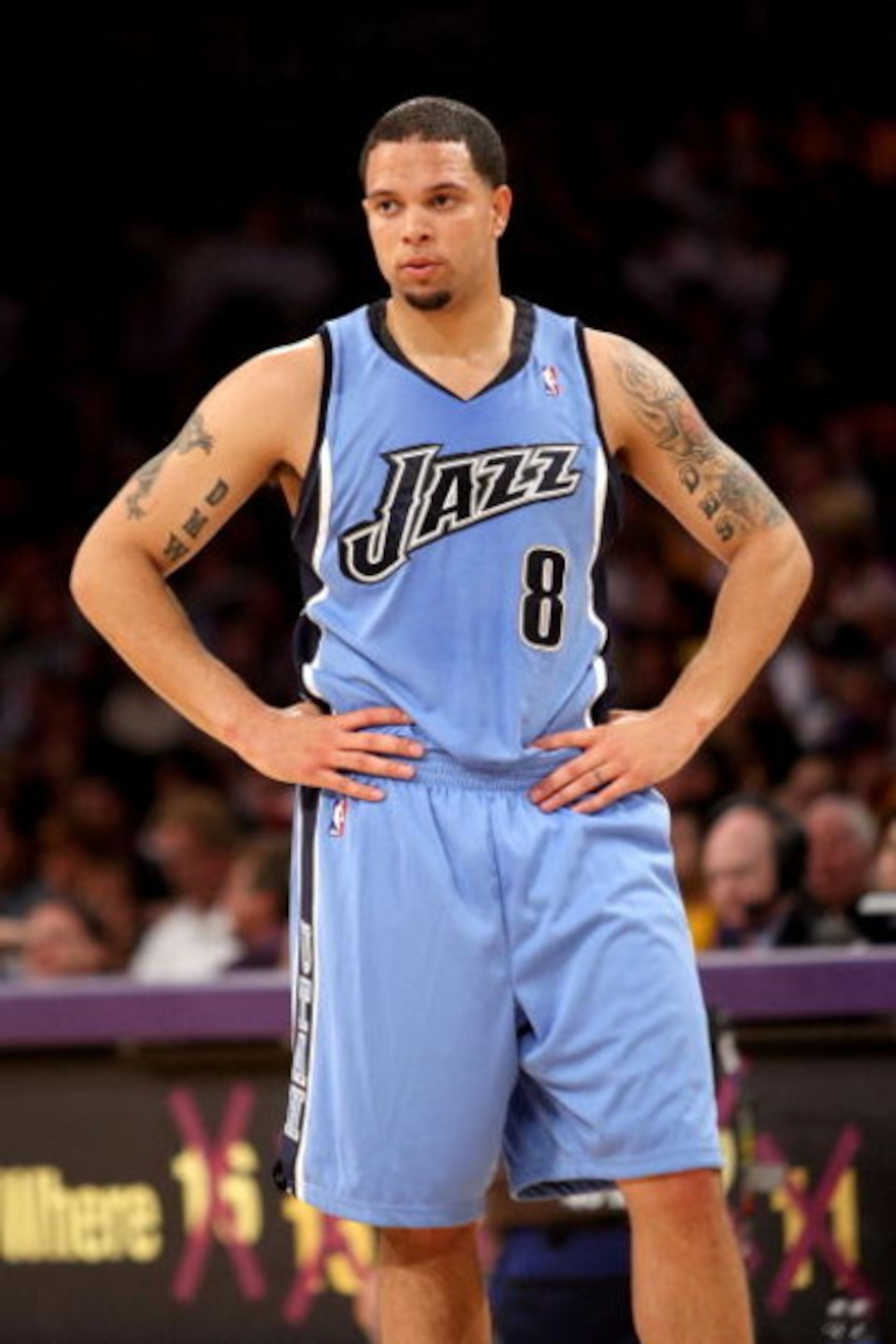LOS ANGELES, CA - MAY 14:  Deron Williams #8 of the Utah Jazz looks across the court in Game Five of the Western Conference Semifinals against the Los Angeles Lakers during the 2008 NBA Playoffs on May 14, 2008 at Staples Center in Los Angeles, California