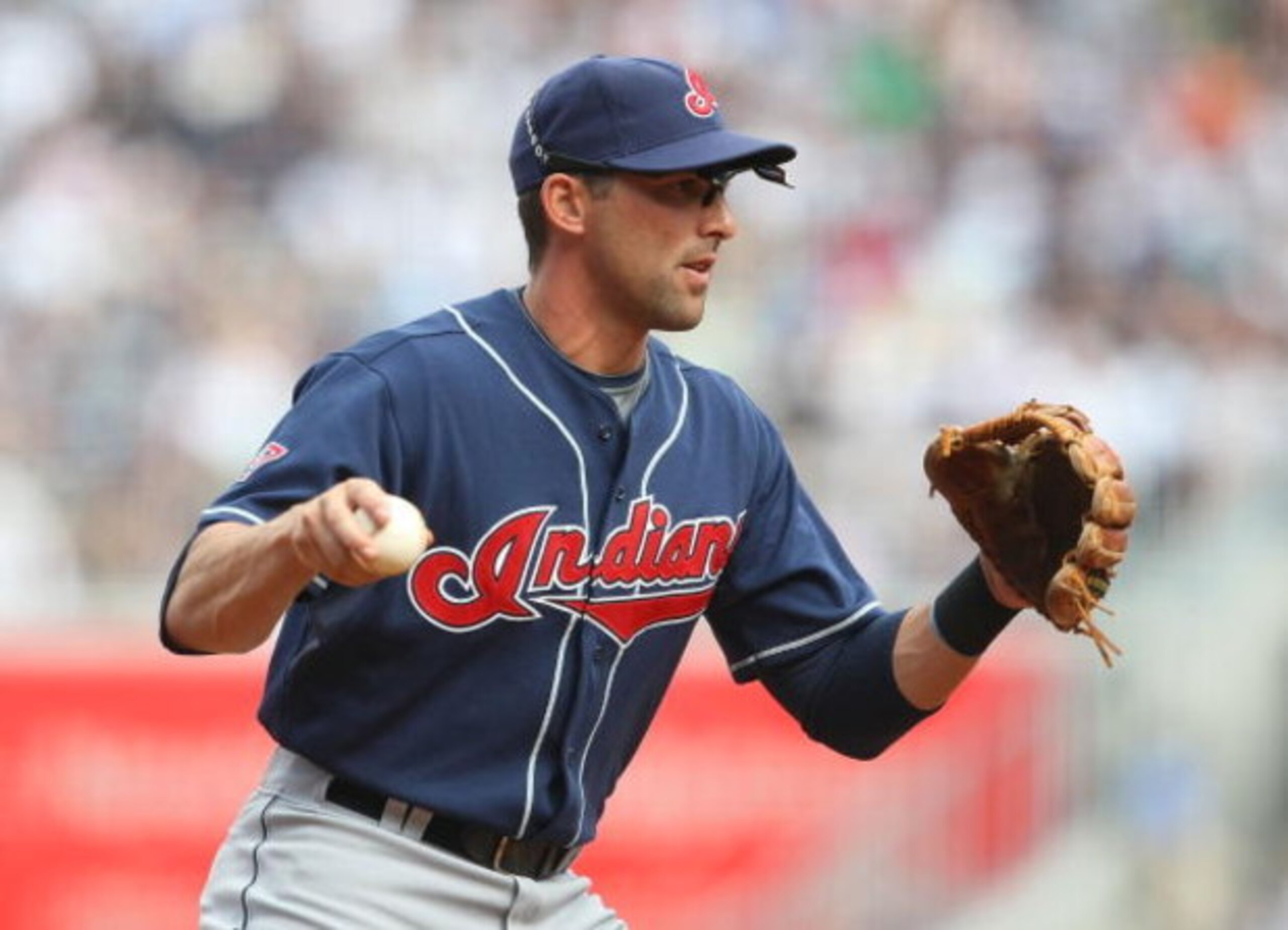 NEW YORK - APRIL 18:  Mark DeRosa #7  of the Cleveland Indians in the field against the New York Yankees at Yankee Stadium on April 18, 2009 in the Bronx borough of New York City.  (Photo by Nick Laham/Getty Images)