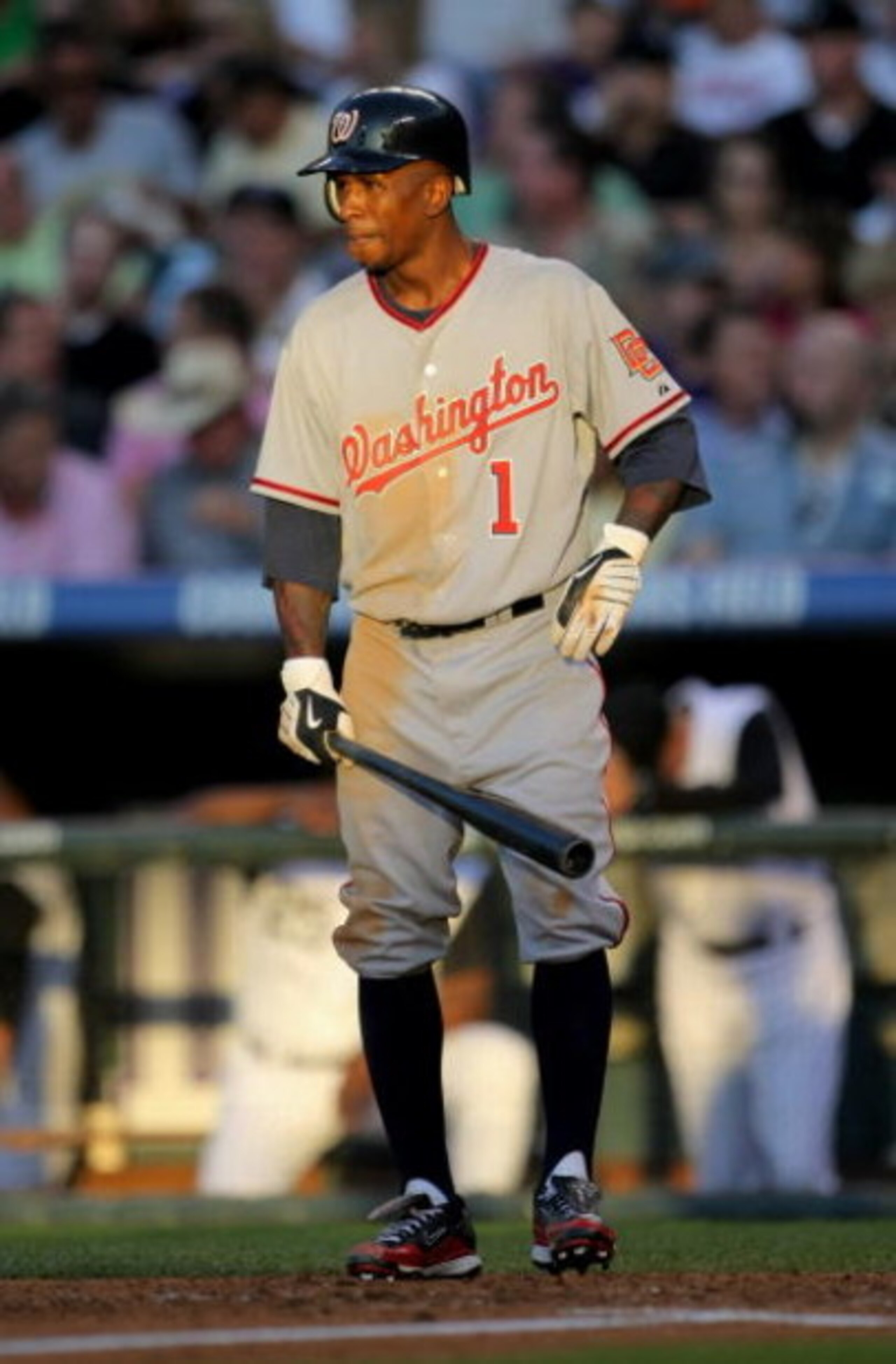 DENVER - JULY 06:  Nyjer Morgan #1 of the Washington Nationals takes an at bat against the Colorado Rockies during MLB action at Coors Field on July 6, 2009 in Denver, Colorado. The Rockies defeated the Nationals 1-0.  (Photo by Doug Pensinger/Getty Image