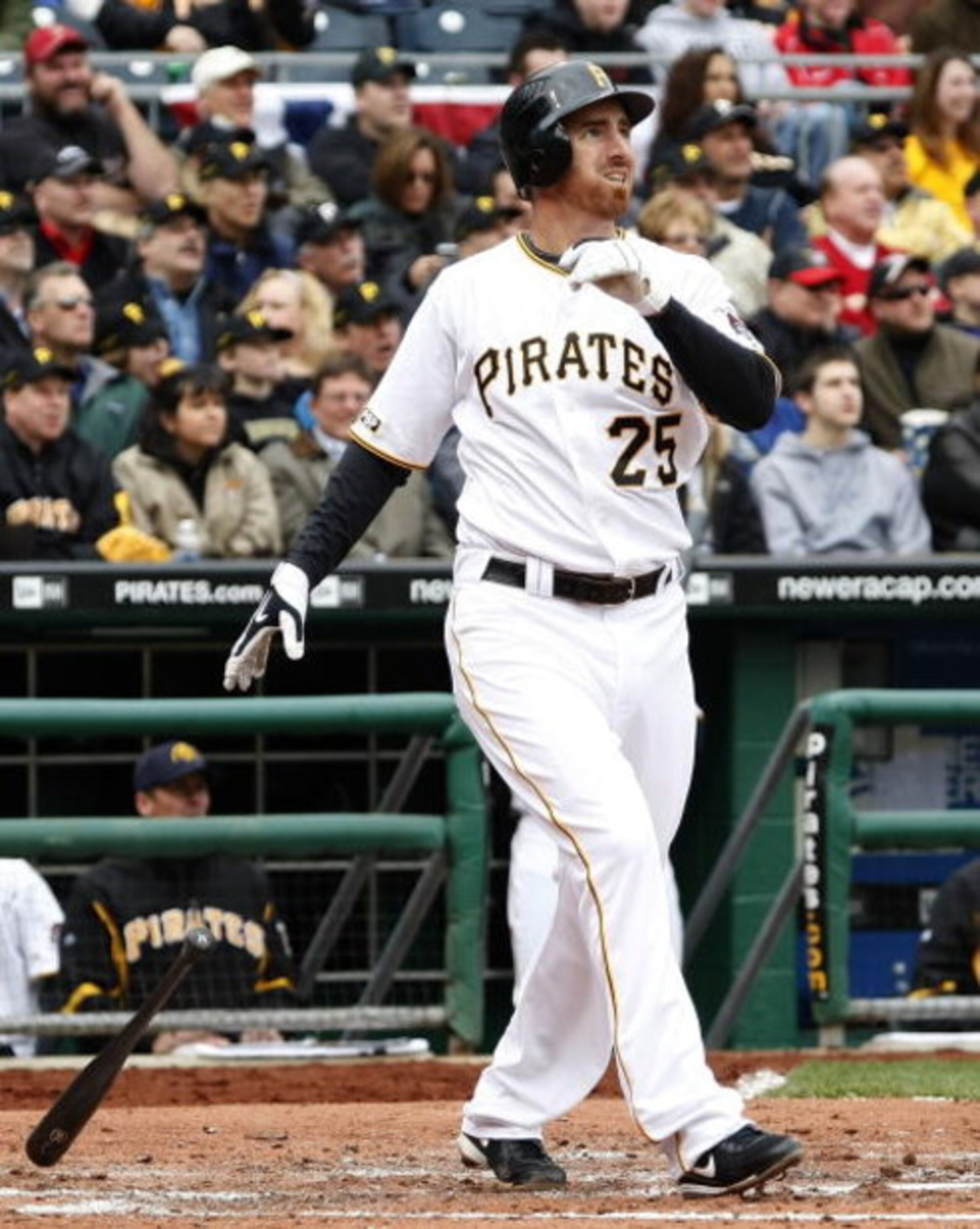 PITTSBURGH - APRIL 13:  Adam LaRoche #25 of the Pittsburgh Pirates watches a third inning home run while playing the Houston Astros during the Pirates Home Opener at PNC Park April 13, 2009 in Pittsburgh, Pennsylvania.  (Photo by Gregory Shamus/Getty Imag