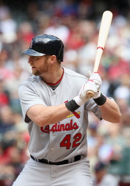 PHOENIX - APRIL 15:  Chris Duncan of the St. Louis Cardinals bats against the Arizona Diamondbacks during the game at Chase Field on April 15, 2009 in Phoenix, Arizona. The Cardinals defeated the Diamondbacks 12-7.  (Photo by Christian Petersen/Getty Imag