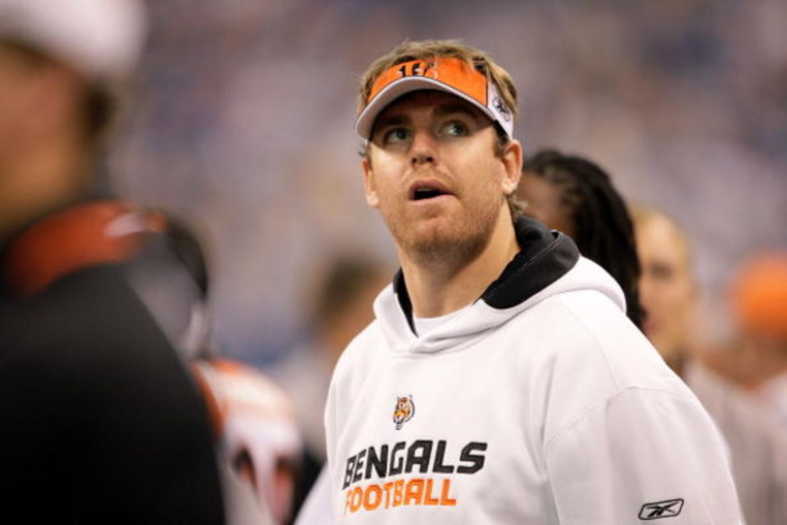 INDIANAPOLIS - DECEMBER 07: Injured quarterback Carson Palmer of the Cincinnati Bengals looks on from the sideline against the Indianapolis Colts at Lucas Oil Stadium on December 7, 2008 in Indianapolis, Indiana. (Photo by Andy Lyons/Getty Images) INDIANAPOLIS - DECEMBER 07: Injured quarterback Carson Palmer of the Cincinnati Bengals looks on from the sideline against the Indianapolis Colts at Lucas Oil Stadium on December 7, 2008 in Indianapolis, Indiana. (Photo by Andy Lyons/Getty Images)
