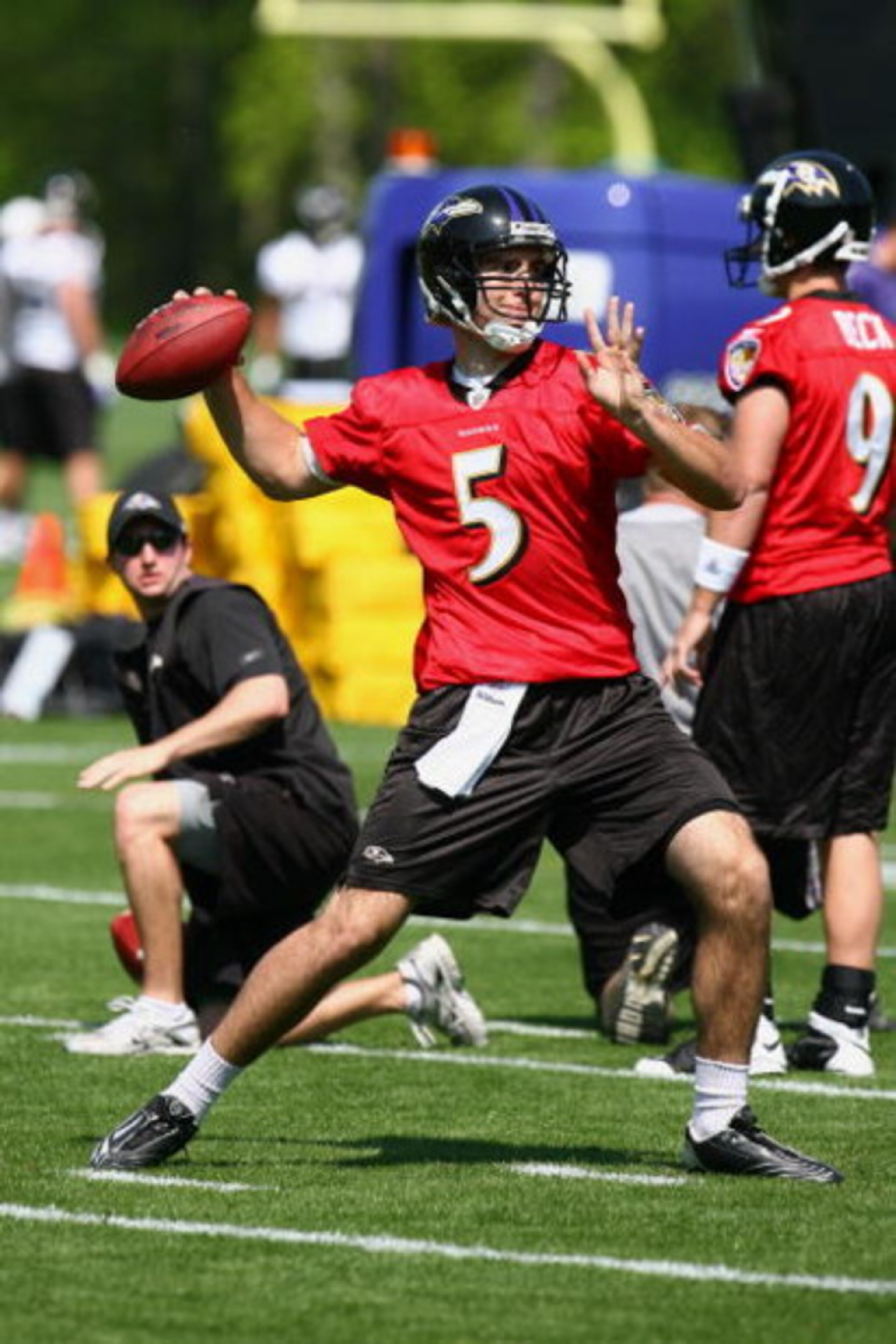OWINGS MILLS, MARYLAND - MAY 8: Quarterback Joe Flacco #5 of the Baltimore Ravens seen during minicamp at the practice facility on May 8, 2009 in Owings Mills, Maryland. (Photo by Ned Dishman/Getty Images)
