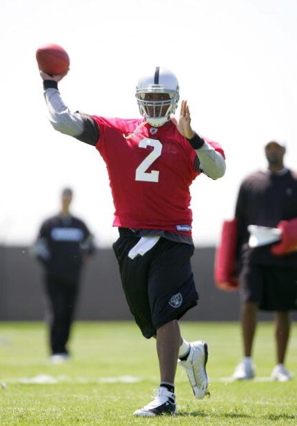 ALAMEDA, CA - MAY 08:  JaMarcus Russell #2 of the Oakland Raiders throws the ball during the Raiders minicamp at the team's permanent training facility on May 8, 2009 in Alameda, California.  (Photo by Ezra Shaw/Getty Images)