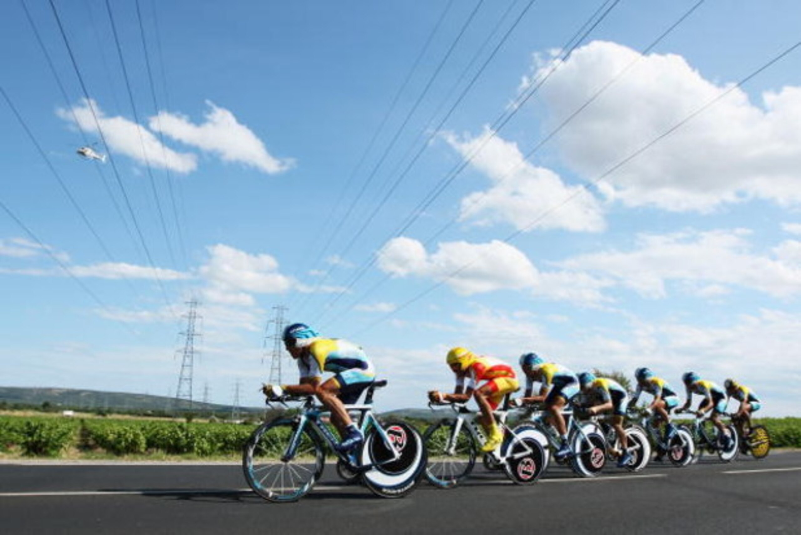 MONTPELLIER, FRANCE - JULY 07: The Astana Team in action during stage four of the 2009 Tour de France, a 39km Team Time Trial through Montpellier, on July 7, 2009 in Montpellier, France.  (Photo by Bryn Lennon/Getty Images)