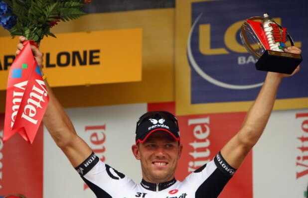 BARCELONA, SPAIN - JULY 09:  Thor Hushovd of Norway and the Cervelo Test Team celebrates winning stage 6 of 2009 Tour de France from Gerona to Barcelona on July 9, 2009 in Barcelona, Spain.  (Photo by Bryn Lennon/Getty Images)
